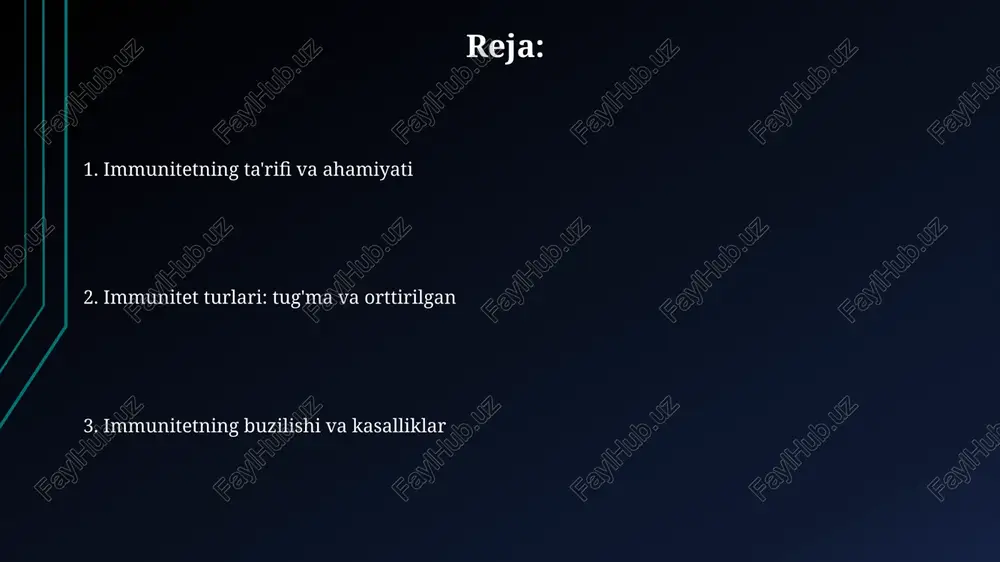 ladi, organizmning 1-himoya chizigʻi boʻlib, tugʻilgandan boshlab mavjud boʻlib, patogenlarga tez va nospesifik javob beradi. makrofaglar va tabiiy qotil hujayralari (nk hujayralari) tugʻma immunitetning muhim komponentlari boʻlib, ular patogenlarni fagotsitoz qiladi va zararlangan hujayralarni yoʻq qiladi, bu esa infektsiyaning tarqalishini cheklaydi. tugʻma immunitetga toʻsiqlar, masalan, teri va shilliq pardalar kiradi, ular mikroblarning kirishiga jismoniy toʻsqinlik qiladi. bundan tashqari, yalligʻlanish reaksiyasi muhim himoya mexanizmi hisoblanadi. orttirilgan immunitet aktiv orttirilgan immunitet vaksinatsiya natijasida yuzaga kelishi mumkin, bunda organizm antitelalar ishlab chiqarish uchun o'z antigeniga duchor bo'ladi. orttirilgan immunitet t-limfotsitlar va b-limfotsitlar ishtirokida rivojlanadi, xususan, antitelalar ishlab chiqarish orqali, uzoq muddatli himoya ta'minlaydi. passiv orttirilgan immunitet antitelalarni boshqa manbadan olish orqali yuzaga keladi, masalan, ona suti orqali bola antitelalarni qabul qilishi. faol immunitet passiv immunitetning davomiyligi cheklangan, odatda bir necha haftadan bir necha oygacha. bu vaqt o'tgach, organizm antitelalarni yo'qotadi va himoya kamayadi. passiv immunitet ona organizmidan bolaga antitelalarning o'tishi natijasida hosil bo'ladi, …