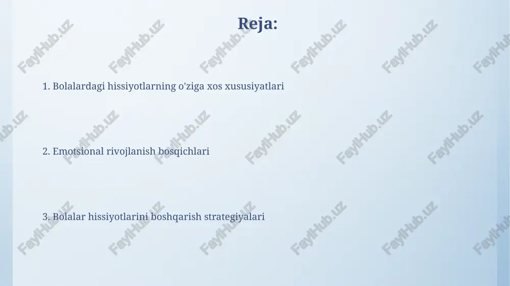ning ijtimoiy va hissiy asoslari shakllantiradigan asosiy yillardir. ota-onalarga farzandlarining hissiy intellektini rivojlantirishda yordam berish uchun 'hissiy murabbiy' bo'lish tavsiya etiladi, bu jarayon 5 bosqichdan iborat: his-tuyg'ularni anglash. his-tuyg'ular bilan bog'liq qiyinchiliklar va ularni hal qilish yo'llari emotsional tartibsizliklar, masalan, haddan tashqari tashvish bolalarda 5-10% gacha uchraydi, kognitiv xulq-atvor terapiyasi (kxt) samarali yechim bo'lib, uni yengishga yordam beradi. empatiya tanqisligi tufayli ijtimoiy muammolar 7 yoshdan oshgan bolalarda seziladi; ijtimoiy ko'nikmalarni o'rgatish va o'yin terapiyasi orqali ularni yechish mumkin. ota-onalar va tarbiyachilarning roli ota-onalar va tarbiyachilar, 2-3 yoshli bolalarda his-tuyg'ularni boshqarishda namuna bo'lishlari kerak, o'z hissiyotlarini sog'lom tarzda ifodalash orqali. emotsional intellektni rivojlantirishda ota-onalar 4-5 yoshgacha bo'lgan bolalarga his-tuyg'ularning nomlarini o'rgatishlari va ularni tushuntirishlari kerak. e'tiboringiz uchun rahmat image4.png image6.jpg image7.jpg image8.jpg image9.jpg image10.jpg image11.jpg image12.jpg image3.jpeg