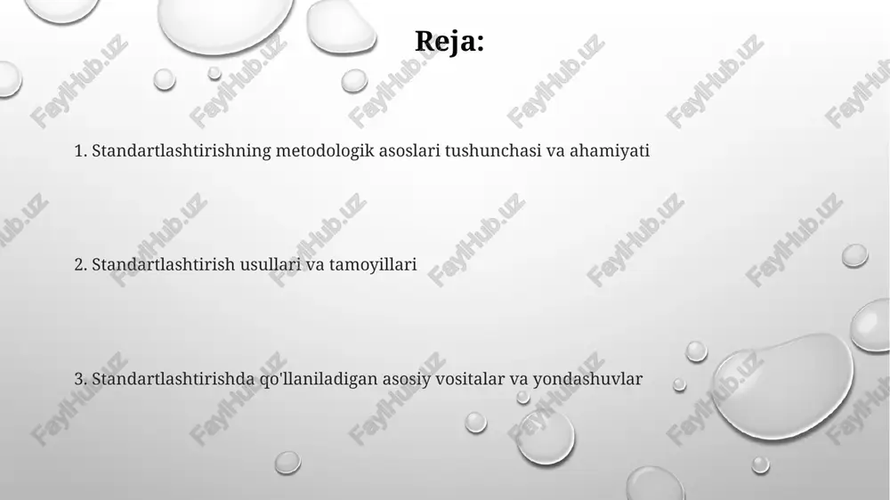 ish orqali mahsulot sifatini oshiradi. standartlashtirish ob'ektlari standartlashtirish ob'ektlari moddiy mahsulotlar, jarayonlar va xizmatlarni o'z ichiga oladi, ularning har biri standartlash orqali tartibga solinishi va optimallashtirilishi mumkin. standartlashning asosiy ob'ektlaridan biri bu texnik talablar bo'lib, ular mahsulotning sifati, xavfsizligi va funksionalligi bo'yicha me'yoriy ko'rsatkichlarni belgilaydi. standartlashtirishda ob'ekt sifatida resurslardan foydalanish samaradorligini oshirish, masalan, energiya sarfini kamaytirish yoki xom ashyo chiqindilarini minimallashtirish muhim ahamiyatga ega. standartlashtirishda tizimli yondashuv standartlashtirishdagi tizimli yondashuv 7 ta asosiy tamoyilga ega: maqsadlilik, komplekslilik, optimallik, ierarxiya, proporsionallik, moslashuvchanlik va barqarorlik, ularning har biri muhim rol o'ynaydi. tizimli yondashuv standartlashtirishda o'zaro bog'liq elementlarni (materiallar, uskunalar, jarayonlar) optimallashtirib, muvofiqlik darajasini oshiradi. bu, 100% sifat kafolatiga olib kelishi mumkin. iso 9001 kabi standartlar tizimli yondashuvni qo'llab-quvvatlaydi, bu esa tashkilotlarga sifatni boshqarish tizimini yaratish va takomillashtirish orqali raqobatbardoshlikni oshirishga yordam beradi. bu 25% gacha foyda keltirishi mumkin. o'lchash, sinov va baholash usullari o'lchash, sinov va baholashda 0 dan 1 gacha bo'lgan …