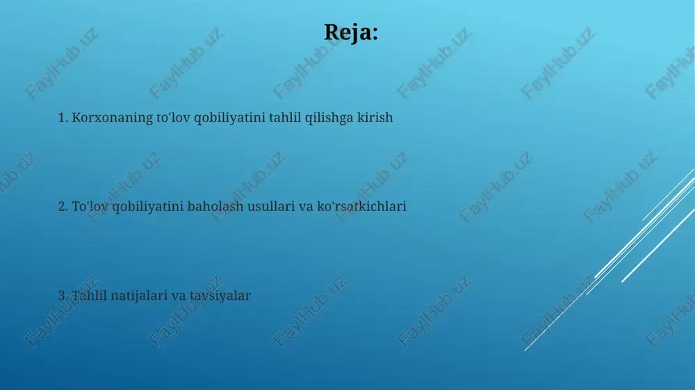 aholaydi, aktivlarining tez sotilishi va pulga aylanishini o'lchaydi, masalan, joriy likvidlik koeffitsienti 2 dan yuqori bo'lishi maqsadga muvofiq. tezkor likvidlik koeffitsienti inventarlarsiz joriy aktivlarga asoslanadi va 1 yoki undan yuqori ko'rsatkich korxonaning joriy majburiyatlarni tezkor ravishda qoplashga qodirligini ko'rsatadi. bu 0.8 dan past bo'lsa xavfli hisoblanadi. moliyaviy barqarorlik koeffitsientlari moliyaviy mustaqillik koeffitsienti (kapitalizatsiya koeffitsienti) korxonaning aktivlarining qancha qismi o'z mablag'lari hisobidan moliyalashtirilishini ko'rsatadi. o'rtacha qiymat 0.4 dan yuqori bo'lishi maqsadga muvofiq. moliyaviy leverage koeffitsienti korxonaning qarzdorlik yukini baholaydi, uning yuqori qiymati 1 dan oshsa, moliyaviy xavf yuqoriligini bildiradi va moliyaviy barqarorlik pasayishiga olib keladi. qarzga bog'liqlik koeffitsientlari qarzga bog'liqlik koeffitsienti umumiy aktivlarning qarz mablag'lari hisobiga qancha moliyalashtirilganini ko'rsatadi, yuqori qiymat 0.5 dan oshsa moliyaviy xavfni anglatadi. moliyaviy leverage koeffitsienti, jami kapitalning o'z mablag'lariga nisbatini ifodalab, 1 dan yuqori bo'lishi korxonaning qarzga bog'liqligini aks ettiradi. to'lov qobiliyatiga ta'sir etuvchi omillar debitorlik qarzlari darajasi 45% dan yuqori bo'lsa, likvidlik pasayadi, bu esa …