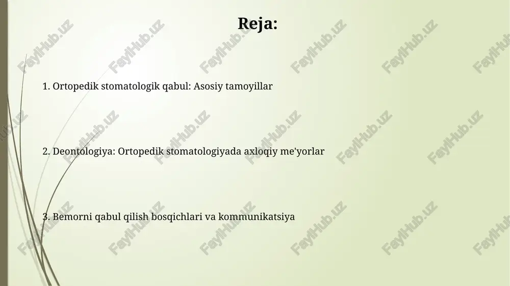 rning umumiy holati, tish-jag' tizimining klinik ko'rinishi va rentgen tekshiruvlari natijalari. bemor bilan davolash rejasini muhokama qilish jarayonida 2 ta maqsadga erishiladi: bemorni davolash usullari va kutilayotgan natijalar bilan tanishtirish va uning roziligini olish. deontologiya asoslari ortopedik stomatologiyada ortopedik stomatologiyada deontologiya shifokor-bemorni hurmat qilishni, 4 asosiy etik prinsipni (foyda, zarar keltirmaslik, adolat, avtonomiya) amalda qo'llashni talab etadi. shifokor bemorni 100% to'liq ma'lumot bilan ta'minlashi, davolash rejasini muhokama qilishi va bemorning 99% roziligini olishi ortopedik deontologiyaning muhim qoidasidir. hujjatlarni yuritish va axborot xavfsizligi bemorlarning tibbiy kartalari (043/x shakli) saqlanishi va axborot xavfsizligi ta'minlanishi kerak, chunki ular shaxsiy ma'lumotlarni o'z ichiga oladi. 201-sonli buyruq bo'yicha qat'iy tartib o'rnatilgan. klinikada bemorlar to'g'risidagi elektron ma'lumotlar bazasini himoya qilish uchun kuchli parollar va ikki faktorli autentifikatsiyadan foydalanish, shuningdek, 104-sonli qonunga muvofiq kriptografik himoya zarur. e'tiboringiz uchun rahmat image2.jpg image3.jpg image4.jpg image5.jpg image6.jpg image7.jpg image8.jpg