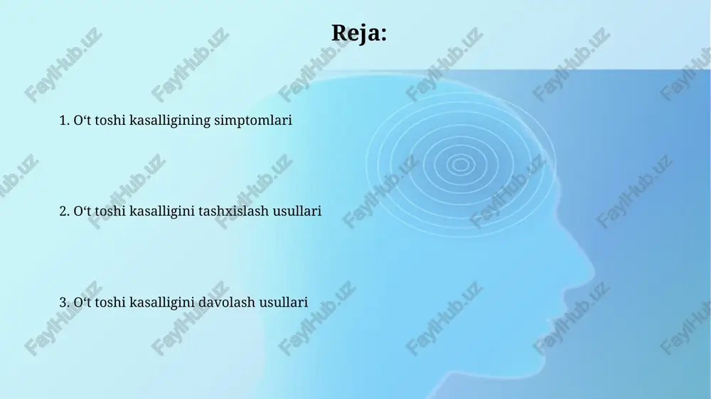 qilish va ishtahaning yo'qolishi, ayniqsa yog'li ovqatlar iste'mol qilingandan keyin, o't suyuqligining yetarli darajada ajralmasligi natijasida kelib chiqadi. diagnostika usullari (laboratoriya va instrumental) laborator tekshiruvlar bilirubin, alt, ast kabi jigar fermentlari darajasini aniqlaydi, bu esa o't yo'llarining obstruktsiyasi natijasida kelib chiqadigan jigar shikastlanishini ko'rsatishi mumkin. qorin bo'shlig'i ultratovush tekshiruvi (utt) o't pufagi va o't yo'llaridagi toshlarni aniqlashning non-invaziv usuli bo'lib, toshlarning hajmi va sonini baholash imkonini beradi. differential diagnostika o'tkir xolesistitni o'tkir pankreatitdan farqlash muhim, bunda qorinning yuqori qismida og'riq bo'ladi, lekin qon zardobida amilaza darajasi 3-5 barobar yuqori bo'ladi. meckel divertikuliti o'ng pastki qorinda og'riqni keltirib chiqarishi mumkin, appenditsitga o'xshash, lekin skanerlashda 99mtc-pertexnetatni izlash diagnostika maqsadida qo'llaniladi. asoratlar ursodeoksixolik kislota (udca) oʻz ichiga olgan asoratlar 6-12 oygacha boʻlgan davrda diametri 5-10 mm boʻlgan xolesterin toshlarini eritish uchun ishlatiladi, lekin takrorlanish tezligi yuqori. asoratlarni qabul qilishda jigar fermentlari (alt, ast) va bilirubin darajasini muntazam ravishda tekshirib turish muhim, chunki preparat …