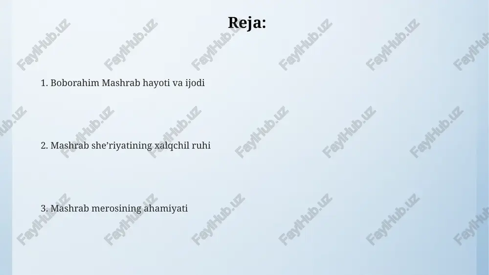 n ortiq mavzularni qamrab olishida namoyon bo'ladi, bu uning ommabopligini oshiradi. mashrabning 70 foizdan ziyod she'rlari xalq tiliga yaqin, oddiy so'zlar va iboralar bilan yozilgan, bu esa har bir o'quvchiga tushunarli bo'lishini ta'minlaydi. mashrab she'rlarida 5 dan ortiq oddiy odamlarning kundalik muammolari, masalan, adolatsizlik va qashshoqlik kabi holatlar aks etgan, bu esa soddalikni ko'rsatadi. tasavvufiy qarashlar mashrab ijodida uning she'riyatida insonning xudoga intilishi, nafsni tiyish orqali kamolotga erishishdek tasavvufiy tushunchalar 7 bosqichda aks etadi. mashrabning tasavvufiy qarashlari vahdat al-vujud ta'limotida namoyon bo'ladi, bu panteistik g'oya bo'lib, borliqning yagonaligini 100 foiz tasdiqlaydi. mashrab 4 asosiy unsurdan (suv, olov, havo, tuproq) iborat olamni ilohiy birlikning zohiriy ko'rinishi sifatida talqin etib, 99 ismni ulug'laydi. ijtimoiy adolat va zulmga qarshi kurash mashrab she'rlarida mashrabning 20 dan ziyod gʻazallarida zolim hukmdorlarga qarshi isyonkorona kayfiyat yaqqol sezilib, u adolat uchun kurash ramzi sifatida namoyon boʻladi. mashrab she'rlarida ijtimoiy adolatsizlik, ayniqsa, 17-asr oxiri va 18-asr boshlaridagi ogʻir …