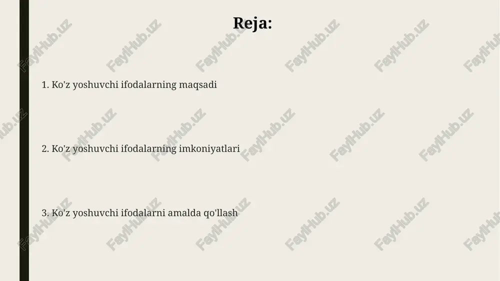 orqali o'qishni osonlashtirishi mumkin, lekin murakkab ifodalar xatolarni keltirib chiqarishi ehtimoli bor. teshikli ifodalar ma'lumotlarni tekshirishda, masalan, elektron pochta manzillarining to'g'ri formatda bo'lishini ta'minlashda juda samarali; lekin unumdorlikka ta'sir qilishi mumkin. ular matnni tahlil qilishning bir qator algoritmlarini ishlab chiqishda (10-15 soniya) yordam beradi, lekin agar sintaksis aniq tushunilmasa, xatoliklarni tuzatish qiyin bo'lishi mumkin. teshikli ifodalarni yaratish usullari teshikli ifodalarni yaratishda, 3 xil turdagi so'zlarni qoldirish muhim ahamiyatga ega: fe'llar, otlar va sifatlar, ularning soni 5-dan oshmasligi kerak. gaping ifodalar murakkab matnlarda, ayniqsa, 2 yoki undan ortiq qismlarga ega bo'lgan holatlarda bo'sh joylar qo'shish orqali yaratiladi. teshikli ifodalarni yaratishning muhim usullaridan biri, kontekstni saqlab qolish uchun 4-5 ta so'zni qoldirish va boshqa so'zlarni o'zgartirishdir. teshikli ifodalarni tahlil qilish usullari kontent tahlili usuli 5 ta asosiy tushunchani (masalan, motivatsiya, ehtiyoj, qo'rquv) o'rganishda teshikli ifodalarning sifat jihatidan mazmunini tahlil qilishga yordam beradi. teshikli ifodalarni tahlil qilishda statistik usullar, masalan, anova (variantlar tahlili) …