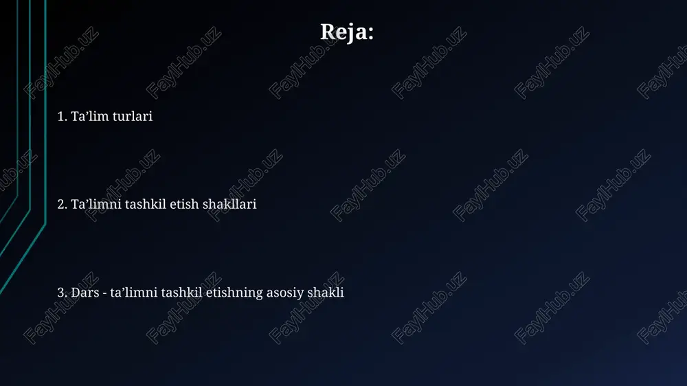 ing 21-asr ko'nikmalarini rivojlantirishga qaratilgan. sinflash tizimi sinflash tizimi o'quvchilarni qobiliyati va bilim darajasiga ko'ra 1-darajali guruhlardan, 2-darajali guruhlarga ajratishni nazarda tutadi, bu esa differensial ta'lim imkonini beradi. ushbu tizim o'quv jarayonini intensivlashtirish va individual yondashuvni ta'minlash orqali o'quvchilarning 85-90 foizida yuqori natijalarga erishishga qaratilgan 3 bosqichli metodologiyaga asoslangan. ma'ruza shakli ma'ruza shakli ta'limning an'anaviy usuli bo'lib, unda o'qituvchi 45-90 daqiqa davomida katta auditoriyaga mavzuni bayon etadi va bu 1-bosqich talabalari uchun muhimdir. ma'ruzalar ko'pincha 5-10 daqiqalik savol-javob sessiyalari bilan yakunlanadi, talabalar esa 2-3 asosiy savollarni berib, mavzuni yaxshiroq tushunishga intilishadi. seminar mashg'ulotlari seminar mashg'ulotlari talabalarning mustaqil ishlashini faollashtiradi, ularga 2-3 ta savol bo'yicha chuqur bilim olish va ularni muhokama qilish imkoniyatini beradi. seminar mashg'ulotlari davomida 5-6 ta talaba o'z ma'ruzalari bilan chiqishadi, auditoriya esa ularga 7-8 daqiqa davomida savollar berib, mavzuni aniqlashtirishi mumkin. laboratoriya mashg'ulotlari laboratoriya mashgʻulotlari talabalarga nazariy bilimlarni amalda qoʻllash, tajriba oʻtkazish va maʼlumotlarni tahlil qilish orqali …