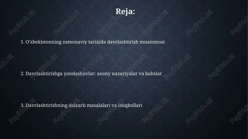 chlari asosida davrlashtirish iqtisodiy rivojlanish bosqichlari davrlashtirishda 1991-2016 yillarni o'z ichiga olgan birinchi bosqich mustaqillikning dastlabki o'tish davrini ifodalaydi va bozor munosabatlariga o'tish jarayonini qamrab oladi. ikkinchi bosqich 2017-yildan boshlab, mamlakatning yangi o'zbekistonni shakllantirish strategiyasi doirasida iqtisodiy islohotlarning jadallashuvi va raqobatbardoshlikni oshirishga qaratilgan modernizatsiyalash davrini anglatadi. siyosiy o'zgarishlar va davlat tuzumi evolyutsiyasi 1991-yilda mustaqillikka erishgach, o'zbekiston prezident islom karimov boshchiligida avtoritar boshqaruv tizimini shakllantirdi, siyosiy muxolifat esa cheklandi. 2016-yilda shavkat mirziyoyev hokimiyatga kelishi bilan siyosiy islohotlar boshlandi, masalan, 'harakatlar strategiyasi' orqali davlat boshqaruvida shaffoflik oshirildi. milliy o'zlikni anglash va madaniy yuksalish davrlari bu davrda jadidchilik harakati keng yoyilib, milliy teatr, matbuot va maktablar soni oshdi, 19-asr oxiri – 20-asr boshlarida milliy uyg'onishga turtki berdi. o'zbek tilida adabiyot va san'at rivojlanib, abdulla qodiriyning “o'tkan kunlar” (1920-yillar) romani kabi asarlar milliy o'zlikni anglashning muhim namunasi bo'ldi. o'zbekiston tarixida burilish nuqtalari va inqiroz davrlari 1937-1938 yillardagi qatag'onlar davri, ziyolilarning yo'q qilinishi va milliy …