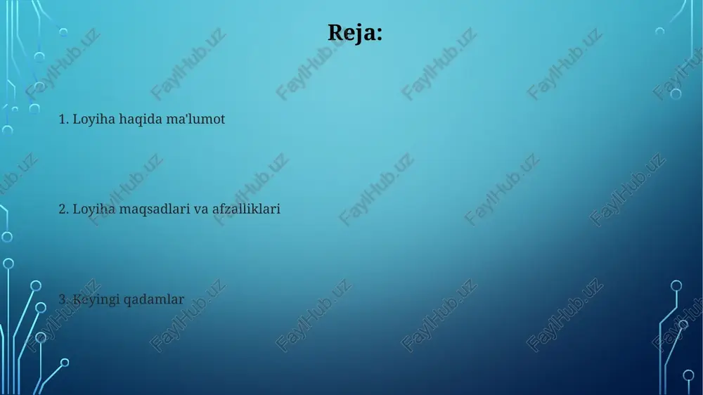 uskunalarni sotib olish) ajratiladi, qolgan qismi esa ish haqi va boshqa xarajatlarga yo'naltiriladi. loyiha resurslari, jumladan, suv resurslari (sug'orish uchun), elektr energiyasi (yoritish va uskunalar uchun) va organik chiqindilar (kompostlash uchun) kabi qayta tiklanadigan manbalardan kelishi mumkin. xulosa va keyingi qadamlar loyihaning 75% qismi muvaffaqiyatli yakunlandi, ammo qolgan 25% ni optimallashtirish uchun, jamoa 2 hafta ichida takomillashtirish bo'yicha rejani taqdim etishi kerak. keyingi bosqichda, 5 nafar mutaxassisdan iborat guruh, o'simliklar turini aniqlash va ularning maqbulligini tekshirish uchun tuproqning 10 xil namunalarini tahlil qiladi. e'tiboringiz uchun rahmat image4.jpg image5.jpg image6.jpg image7.jpg image8.jpg image9.jpg image10.jpg image1.png