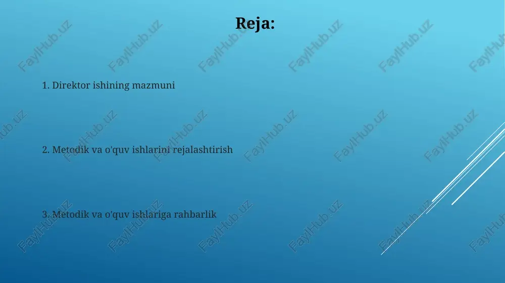 maqsadlar, masalan, 5 ta maqsad) va vazifalarni (10 dan ortiq vazifalar) belgilashni o'z ichiga oladi, ularning bajarilish muddatlari ko'rsatiladi. rejada resurslar (moliyaviy, texnik, kadrlar) ro'yxati va ularning miqdori, masalan, 2000 aqsh dollari, 3 ta kompyuter, 5 nafar xodim kabi ma'lumotlar keltiriladi. rejalashtirishning bosqichlari rejalashtirishning birinchi bosqichi maqsadlarni aniqlashdan iborat: 1-bosqichda aniq, o'lchanadigan, erishish mumkin bo'lgan, dolzarb va vaqt bilan chegaralangan (smart) maqsadlar belgilanishi shart. ikkinchi bosqich resurslarni baholashni o'z ichiga oladi: 2-bosqichda mavjud resurslar, jumladan, inson resurslari, moliyaviy resurslar va texnik imkoniyatlar miqdori va sifati baholanadi. metodik ishni boshqarish metodik ishni boshqarishda ta'lim muassasasining 2024-2025 o'quv yili uchun yillik ish rejasini tuzish muhim, bu reja o'quv jarayonini maqsadli yo'naltiradi. pedagogik kengash qarorlari 3 oyda bir marta ko'rib chiqiladi va 5 asosiy yo'nalish bo'yicha metodik tavsiyalar ishlab chiqiladi, samaradorlikni oshirish uchun. pedagogik kengashning roli pedagogik kengash ta'lim sifatini oshirishga yo'naltirilgan 5 asosiy vazifani amalga oshiradi, jumladan, o'quv rejalari va metodik ishlanmalarni …