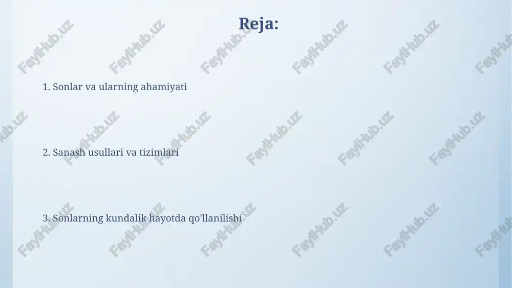ni, bu beshdan birni ayirish (5-1), vi esa olti, bu beshga birni qo'shish (5+1) deganidir. misr raqamlari tizimi o'nlik tizim bo'lib, har xil belgilar 1, 10, 100, 1000 va hokazolarni ifodalagan. 23 soni 2 ta '10' belgisi va 3 ta '1' belgisi bilan ko'rsatilgan. o'nlik sanoq tizimi: biz qanday sanaymiz? o'nlik sanoq tizimi 0 dan 9 gacha bo'lgan 10 ta raqamdan foydalanadi, har bir pozitsiya 10 ning darajasini ifodalaydi; masalan, 325 = (3 * 10^2) + (2 * 10^1) + (5 * 10^0). biz o'nlik sanoq tizimida qo'shish, ayirish, ko'paytirish va bo'lish kabi arifmetik amallarni bajarishda qulaymiz, chunki u kundalik hayotimizda keng qo'llaniladi. katta sonlar bilan ishlash katta sonlar bilan ishlashda, standart ma'lumotlar turlari (masalan, int yoki double) yetarli bo'lmasligi mumkin; shuning uchun 'biginteger' kabi maxsus sinflardan foydalanish lozim. katta sonlar uchun ko'paytirish amallarini bajarishda, karatsuba algoritmi kabi optimallashtirilgan usullar qo'llaniladi, bu an'anaviy usullarga nisbatan sezilarli tezlikka erishishga yordam beradi. …