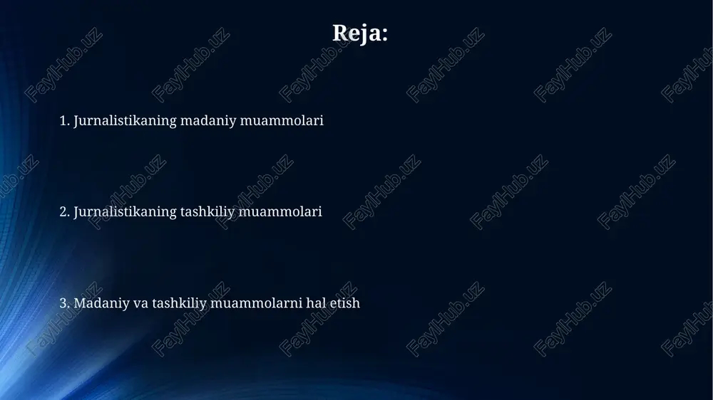 i regulyativ noaniqlik va davlat nazorati 25% dan ortiq riskni keltirib chiqaradi. jurnalistikaning globalizatsiya sharoitidagi roli globalizatsiya jurnalistikaning 24/7 yangiliklar siklini kuchaytirib, xalqaro voqealarni tezkor yoritishni talab qiladi va ma'lumot almashinuvini tezlashtiradi. transmilliy mediakompaniyalar jurnalistikaga sezilarli ta'sir ko'rsatib, yangiliklar mazmuni va tarqatilishiga global standartlarni joriy etmoqda. e'tiboringiz uchun rahmat image6.jpg image7.jpg image8.jpg image9.jpg image10.jpg image11.jpg image4.jpeg