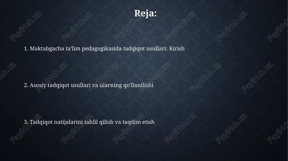 : ochiq, yopiq va aralash. ochiq so'rovlarda javoblar erkin shaklda ifodalanadi. intervyu usuli intervyu usuli 3-5 yoshli bolalarning nutq rivojlanishini baholashda muhim ahamiyatga ega, chunki u orqali ularning so'z boyligi va gapirish qobiliyati aniqlanadi. strukturaviy intervyu, 4 yoshli bolalarga oldindan belgilangan 10 ta savolni berish orqali ularning bilish qobiliyatini baholashga yordam beradi va natijalar tahlil qilinadi. test usuli test usuli bolalarning rivojlanish darajasini aniqlashda, 3 yoshdan 6 yoshgacha bo'lgan bolalarning bilim, ko'nikma va malakalarini baholash imkonini beruvchi standartlashtirilgan topshiriqlar to'plamidir. ushbu usulning samaradorligi test natijalarining ishonchliligi (testni qayta o'tkazganda natijalarning barqarorligi) va validligi (testning maqsadga muvofiqligi) bilan belgilanadi, 0.70 dan yuqori koeffitsientlar maqbuldir. hujjatlarni tahlil qilish usuli hujjatlarni tahlil qilish usuli erta yoshdagi pedagogik tadqiqotlarda muhim rol o‘ynaydi, masalan, 3-6 yoshli bolalarning rivojlanish xaritalarini baholashda qo‘llaniladi. ushbu usulning asosiy vazifasi 2 yoshdan 5 yoshgacha bo'lgan bolalarning o'yin faoliyati, kundalik rejalar, ertalabki mashqlar va boshqa materiallarni chuqur o'rganishdan iborat. ish o'rganish …
