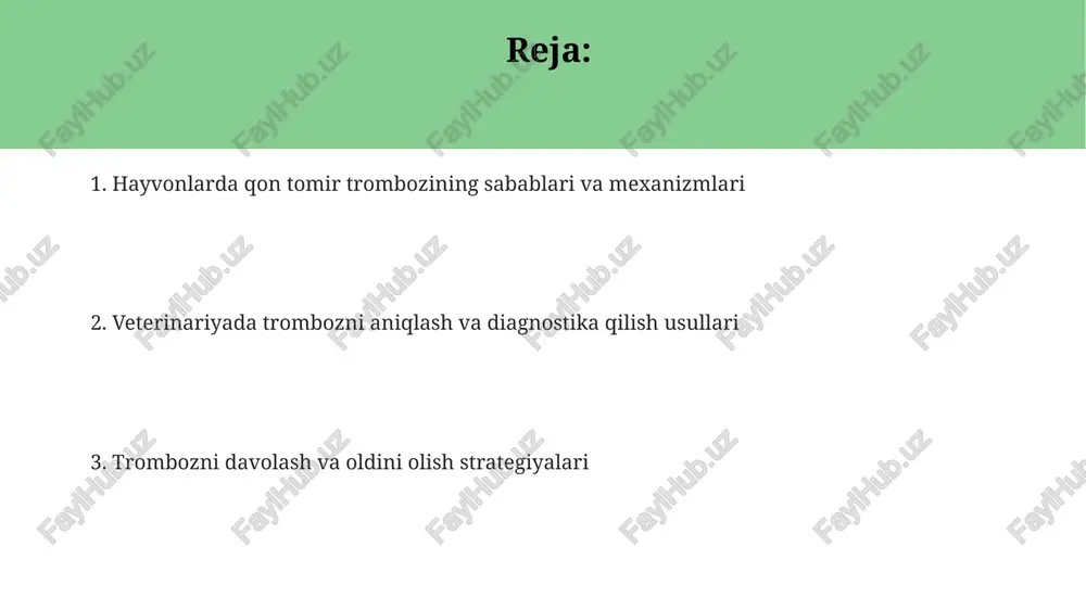 l hujayralarini faollashtirishi mumkin, bu esa prokoagulyant omillar ishlab chiqarishni ko'paytiradi va antikoagulyant omillarni kamaytiradi, natijada tromboz paydo bo'ladi. klinik belgilari o'tkir trombozda oyoqlarning harorati keskin pasayishi, pulsning susayishi yoki yo'qolishi kuzatiladi, bu esa 6-12 soat ichida to'qimalarning o'limiga olib kelishi mumkin. o'pka tromboemboliyasida hayvonlarda nafas qisilishi, tez-tez nafas olish (taxypnea) va siyanoz (terining ko'karishi) kabi belgilar paydo bo'lishi mumkin, o'lim xavfi 24-48 soat ichida ortadi. ichki a'zolarning trombozida (masalan, jigar yoki buyrak) hayvonlarda qorin og'rig'i, ishtahaning yo'qolishi va qusish kuzatiladi, bu esa 72 soat ichida organning funksiyasini buzilishiga olib kelishi mumkin. diagnostika usullari qon ivishini baholash uchun protrombin vaqti (pv) hamda faollashtirilgan qisman tromboplastin vaqti (aptt) kabi testlar o'tkaziladi, bu esa gipokoagulyatsiyani aniqlashga yordam beradi. dopplexirash ultratovush tekshiruvi qon tomirlaridagi qon oqimini baholaydi, 2d va 3d tasvirlarni yaratadi hamda trombning mavjudligi, joylashishi va hajmini aniqlashga yordam beradi. d-dimer testi fibrin degradatsiyasi mahsulotlarini o'lchaydi. yuqori darajalar trombozning ehtimolini ko'rsatadi, ammo …