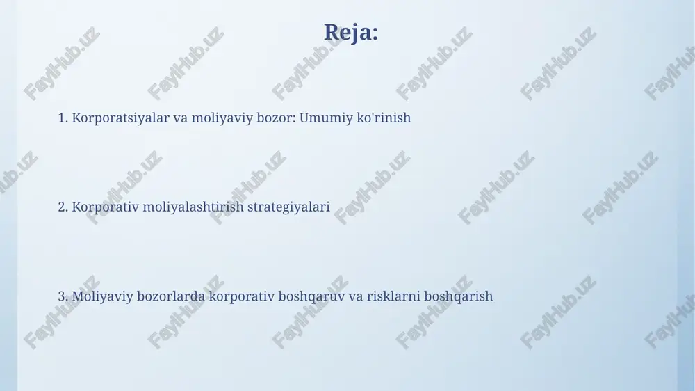 t-to-equity ratio) va vertikal tahlil kabi texnikalardan foydalanadilar. risklarni boshqarish va sug'urtalash risklarni boshqarish aktivlar qiymatining pasayishiga olib kelishi mumkin bo'lgan 10% ehtimollikni baholash orqali moliyaviy barqarorlikni ta'minlashga qaratilgan. sug'urta kompaniyalari 5 million dollarlik aktivlarni himoya qilish uchun diversifikatsiya qilingan portfelga sarmoya kiritish orqali kredit xavfini kamaytirishi mumkin. moliyaviy bozorda korporativ boshqaruv korporativ boshqaruv moliyaviy bozorda kompaniyaning qiymatini oshirishga qaratilgan bo'lib, bunda 10% kapitalning o'zgarishi investitsiyalarni jalb qilishga bog'liq. samarali korporativ boshqaruv moliyaviy hisobotlarning shaffofligini ta'minlaydi, bu esa investorlar ishonchini 25% ga oshiradi va risklarni kamaytiradi. e'tiboringiz uchun rahmat image4.png image6.jpg image7.jpg image8.jpg image9.jpg image10.jpg image11.jpg image3.jpeg