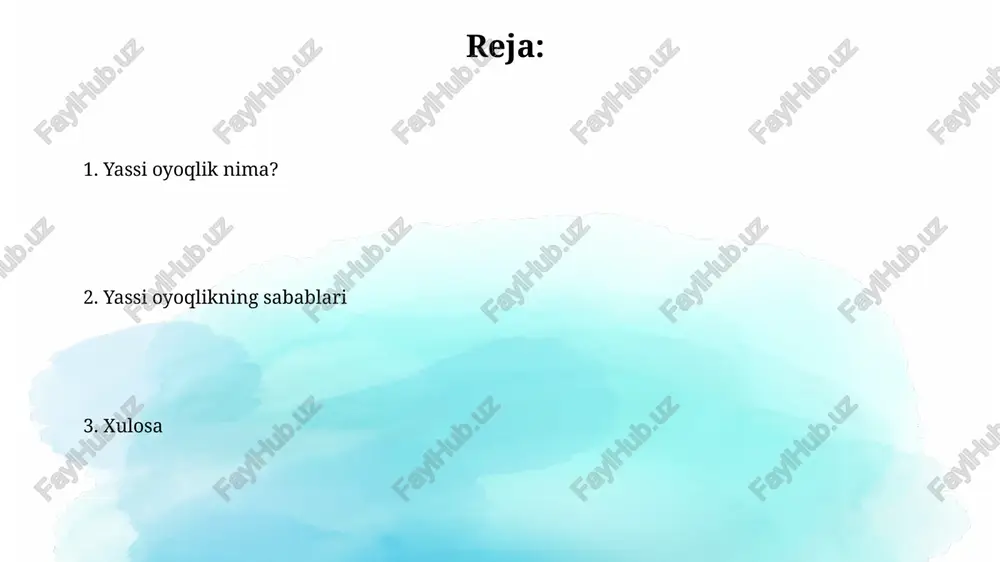 'ishi kuzatiladi, natijada oyoqning normal shakli buziladi va bu ko'rinishdan seziladi. diagnostika diagnostika tekshiruvida rentgen nurlari yordamida oyoq suyaklarining holati, masalan, tovon suyagi va oshiq suyagining joylashuvi 2d formatda aniqlanadi, bu esa yassi oyoqlilik darajasini baholashga yordam beradi. podometriya usuli diagnostikaning bir turi bo'lib, oyoqning tayanch maydonini o'lchash orqali deformatsiyani aniqlashga qaratilgan; 1-3 darajali yassi oyoqlilikni baholashda muhim rol o'ynaydi. davolash usullari konservativ davo usullari erta bosqichlarda keng qo'llaniladi, masalan, maxsus ortopedik poyabzal ichliklari yordamida oyoq kamarini qo'llab-quvvatlash va og'riqni kamaytirish. fizioterapiya mashqlari oyoq mushaklarini mustahkamlashga, paylarni cho'zishga va oyoqning biomekanikasini yaxshilashga qaratilgan. bu 6-12 hafta davomida davom etishi mumkin. e'tiboringiz uchun rahmat image3.jpg image4.jpg image5.jpg image6.jpg image7.jpg image8.jpg image9.jpg image1.png