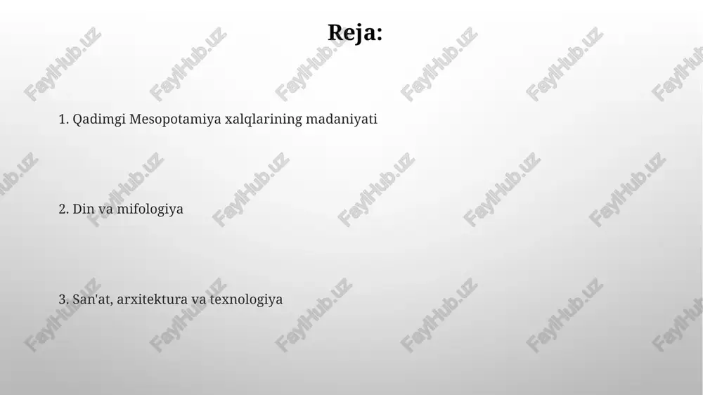 ajada soddalashtirgan. diniy e'tiqodlar va marosimlar mesopotamiyaliklar ko'plab xudolarga sig'inishgan, har bir shahar o'zining homiy xudosiga ega bo'lgan. xudolarning ierarxiyasi bor edi, an eng yuqori xudo hisoblanib, keyin enlil va enki kelardi. ma'badlar, zikkuratlar xudolarning uyi hisoblanib, marosimlar o'tkaziladigan joy edi. ruhoniylar xudolar bilan aloqa o'rnatishda muhim rol o'ynagan, qurbonliklar va ibodatlar o'qishgan. xudolar panteoni mesopotamiya panteonida anu oliy xudo hisoblanib, osmon hukmdori boʻlgan. uning ahamiyati keyinchalik kamaygan boʻlsada, dastlabki diniy e'tiqodlarda muhim rol o'ynagan. enlil shamol, boʻron va yer xudosi sifatida tasvirlangan, uning qudrati tufayli mesopotamiya mifologiyasida muhim oʻrin tutgan. u 50 ta boshqa xudolarga buyruq bergan. ma'badlar va zikkuratlar ma'badlar, xususan zikkuratlar, shahar markazida joylashgan boʻlib, ular ijtimoiy-iqtisodiy va diniy hayotning muhim markazlari vazifasini bajarar edi, ko'pincha 3-7 qavatdan iborat bo'lgan. zikkuratlar xudolarga bag'ishlangan bo'lib, ularning tepasida ibodatxona joylashgan. ruhoniylar astronomik kuzatuvlar olib borishgan, shu bilan birga yilning vaqtini aniqlaganlar. bu taxminan miloddan avvalgi 3000 yillarga to'g'ri keladi. …