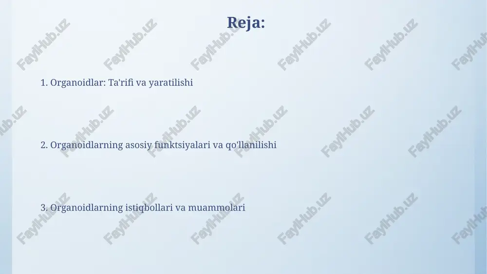h organoidlar kasallik modellashtirishda inson to'qimalarini 3d formatda takrorlash imkonini beradi, bu esa in vivo sharoitlarga yaqin modellarni yaratishga yordam beradi. organoidlar orqali genetik kasalliklarni o'rganishda, masalan, kistik fibroz kabi kasalliklarni modellashtirishda, aniq fenotiplarni kuzatish va davolash strategiyalarini ishlab chiqish mumkin. organoidlarning qo'llanilishi: dori vositalarini skrining qilish organoidlar, masalan, saraton organoidlari, bir nechta dorilarning samaradorligini parallel ravishda baholash imkonini beradi va yangi onkologik preparatlarni tezkor skrining qilish uchun ishlatiladi. kasallikning inson modelini taqdim etuvchi organoidlar, dori vositalarining o‘ziga xos mexanizmlarini aniqlashga yordam beradi, bunda maqsaddan tashqari ta’sirlar va 3d tuzilishi hisobga olinadi. organoidlarning qo'llanilishi: regenerativ tibbiyot organoidlar shikastlangan to'qimalarni tiklash uchun ishlatilishi mumkin, masalan, 3d bosma usulidan foydalanib, terini yangilash yoki jigar faoliyatini yaxshilash. organoidlar dorilarning samaradorligini sinash uchun ishlatiladi, bu esa 70% hollarda klinik sinovlarda muvaffaqiyatsizlikni kamaytiradi va individual davolashni ta'minlaydi. organoidlarning qo'llanilishi: shaxsiy tibbiyot organoidlar bemorning o'z hujayralaridan yaratilishi mumkin, bu esa shaxsiy dori vositalarini ishlab chiqish uchun …