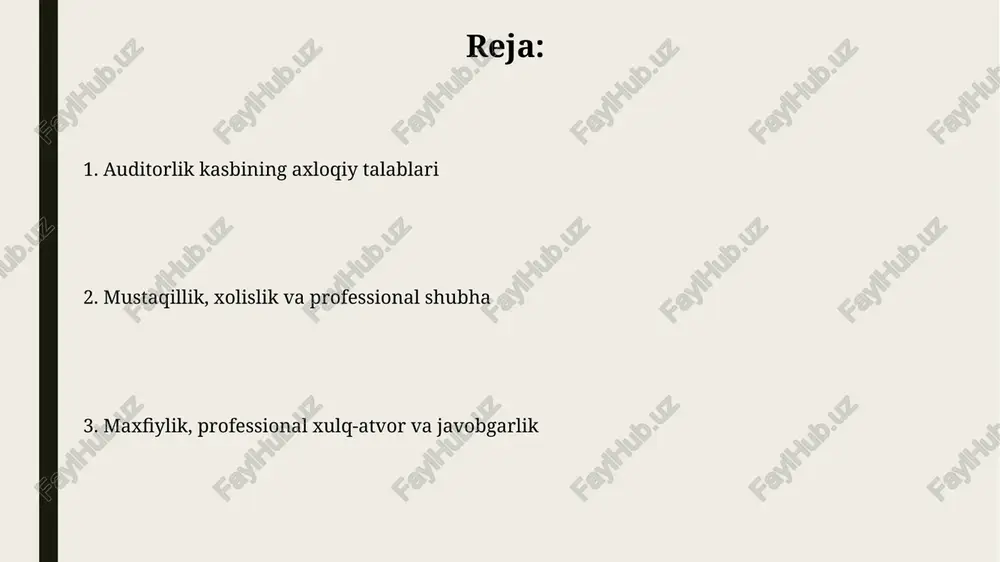 onuniy yoki kasbiy majburiyatlar mavjud bo'lganda istisno qilinadi. etika qoidalarining 114-moddasiga ko'ra, auditorlik tashkiloti xodimlari mijozlarning maxfiy ma'lumotlarini saqlashga mas'uldir, bu majburiyat hamkorlik tugagandan so'ng ham davom etadi. professional xulq-atvor professional xulq-atvor auditorning 101-sonli axloq qoidalariga rioya qilishni talab qiladi, shuningdek, 200-sonli standartga mos ravishda vazifalarni bajarishni o'z ichiga oladi. auditor o'zining professional xulq-atvorini saqlash uchun 300-sonli axloqiy kodeksga muvofiq mustaqillikni ta'minlashi hamda manfaatlar to'qnashuvidan 400-sonli kodeksga ko'ra qochishi shart. boshqa auditorlar bilan munosabatlar boshqa auditorlar bilan professional munosabatlar, masalan, 230-sonli xbs talablariga muvofiq, mavjud auditorda mijozni qabul qilishdan oldin so'rov o'tkazishni talab qiladi. 600-sonli xbs bo'yicha guruh auditida boshqa auditorlarning ishonchliligini baholashda, auditorning mustaqilligi va professional kompetentligi kabi omillarni ko'rib chiqish zarur. davlat organlari bilan hamkorlik auditorlar davlat organlari bilan hamkorlik qilib, moliyaviy hisobotlarning ishonchliligini oshirish maqsadida, qonunbuzilish holatlari aniqlanganda xabar berishlari shart, bu jarayon o'zbekiston qonunchiligi bilan tartibga solinadi. davlat organlari bilan hamkorlik doirasida, auditorlar soliq tekshiruvlari, bojxona …