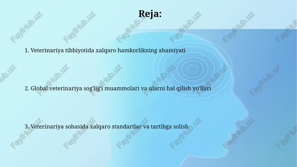 iladi, masalan, qoramol spongiform ensefalopati (bse) tufayli 2000-yillarda mol go'shtiga talab keskin kamaygan edi. o'ta xavfli kasalliklar, jumladan, o'lat va afrika cho'chqa o'lati (asf) tez tarqalishi tufayli bir necha mamlakatlarda iqtisodiy zarar keltiradi va qat'iy nazorat choralarini talab qiladi. veterinariya ta'limi va tadqiqotlarida xalqaro hamkorlik veterinariya taʼlimida yevropa ittifoqi bilan erasmus+ dasturi orqali talabalar almashinuvi va oʻqituvchilarning malakasini oshirish boʻyicha loyihalar amalga oshirilmoqda. aqshning bir qator universitetlari bilan hamkorlikda veterinariya sohasida diagnostika va davolashning ilgʻor usullari boʻyicha qoʻshma tadqiqotlar olib borilmoqda. veterinariya farmatsevtikasi va vaktsinalarida xalqaro standartlar veterinariya farmatsevtikasida xalqaro farmatsevtika kodeksi (pic/s) standartlari dori vositalarining sifatini, xavfsizligini va samaradorligini ta'minlash uchun ishlab chiqarish talablarini belgilaydi. vaktsinalar uchun jahon sog'liqni saqlash tashkiloti (jsst) standartlari ishlab chiqarish, sinov va sifat nazorati bo'yicha qat'iy talablarni o'z ichiga oladi, bu esa global immunitet dasturlarini qo'llab-quvvatlaydi. hayvonlar savdosini tartibga solishda xalqaro hamkorlik hayvonlar savdosini tartibga solishda jahon hayvonlar sog'lig'i tashkiloti (woah) muhim rol o'ynaydi. …
