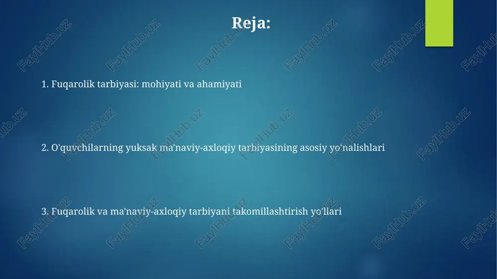 u muhim hisoblanadi. civik ta'lim va ma'naviy-axloqiy tarbiya o'rtasidagi bog'liqlik fuqarolik ta'limi, jamiyatning 10 ta asosiy qadriyatlarini o'zlashtirishga yo'naltirilib, shaxsning axloqiy kamolotiga xizmat qiladi, shu bois uzviy bog'liqdir. ma'naviy-axloqiy tarbiya fuqarolik ta'limining 5 ta muhim elementidan biri bo'lib, vatanparvarlik hissini shakllantirishda, huquqiy ongni rivojlantirishda muhim rol o'ynaydi. maktabda civik ta'lim va ma'naviy-axloqiy tarbiyani tashkil etish shakllari “ma'naviyat soatlari” 1-11-sinflarda o'tkazilib, milliy qadriyatlar, vatanga muhabbat va axloqiy me'yorlarni targ'ib qiladi, o'quvchilarning dunyoqarashini shakllantiradi. “davra suhbatlari” orqali 5-9-sinf o'quvchilari dolzarb ijtimoiy-siyosiy masalalarni muhokama qilib, tanqidiy fikrlash va fuqarolik pozitsiyasini rivojlantiradi, demokratiya tamoyillarini o'rganadi. o'qituvchining civik ta'lim va ma'naviy-axloqiy tarbiyadagi roli o'qituvchi №1-namunadir; uning xulq-atvori, so'zlari va qarashlari orqali o'quvchilarga 3 asosiy axloqiy me'yorlar: halollik, adolat va hurmatni singdiradi. o'qituvchi 2 ta asosiy metodni qo'llaydi: darslarda munozaralar tashkil etish va loyihalar orqali o'quvchilarda vatanparvarlik va milliy iftixorni shakllantiradi. o'quvchilarning civik va ma'naviy-axloqiy kompetensiyalarini baholash o'quvchilarning fuqarolik kompetensiyalari 5 ta asosiy yo'nalish bo'yicha baholanadi: …