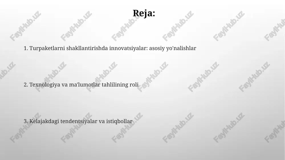 g algoritmik tahlili 75% gacha aniqlikda sayohat tendensiyalarini bashorat qiladi, bu esa shaxsiylashtirilgan paketlarni yaratishga imkon beradi. ma'lumotlar tahlili mijozlarning xatti-harakatlarini o'rganib, 60% gacha mijozlar ehtiyojlariga mos keladigan ekskursiya paketlarini shakllantiradi. hamkorlik va integratsiya "hamkorlik va integratsiya" turpaketlar tuzishda bir nechta turistik kompaniyalarning resurslarini birlashtirishni anglatadi, bu esa 20% gacha xarajatlarni kamaytirish va yangi yo'nalishlarni yaratish imkonini beradi. ushbu yondashuv, "hamkorlik va integratsiya"da, 3 ta yoki undan ortiq turistik agentlikning birgalikda marketing kampaniyalarini o'tkazishni o'z ichiga oladi, bu esa 15% gacha bozor qamrovini oshiradi. kelajak tendentsiyalari kelajak tendentsiyalari shaxsiy sayohatlarni kuchaytiradi, ai va ma'lumotlar tahlili yordamida har bir sayohatchining noyob afzalliklariga moslashtirilgan 72 soatlik marshrutlar taklif etadi. kelajak tendentsiyalari virtual va kengaytirilgan reallikdan foydalanishni 65 foizga oshiradi, bu esa turistik joylarni 3dda namoyish etish va uyda qulay sharoitda ta'sir ko'rsatish imkonini beradi. e'tiboringiz uchun rahmat image2.png image5.jpg image6.jpg image7.jpg image8.jpg image9.jpg image10.jpg image11.jpg image3.png