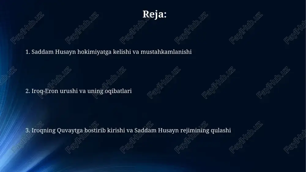 laridan biri iroqning 80 milliard dollardan ortiq qarzini to'lash va neft narxini nazorat qilish istagi edi. koalitsiya kuchlari tomonidan iroqni ozod qilish 2003-yilda boshlangan iroqni ozod qilish operatsiyasi, aqsh boshchiligidagi koalitsiya kuchlari tomonidan saddam husayn rejimini ag'darish maqsadida amalga oshirilgan harbiy aralashuv edi. operatsiya davomida koalitsiya kuchlari iroqning muhim shaharlari, jumladan, bag'dod va mosulni tezda egallab oldi, ammo keyinchalik partizan urushi va siyosiy beqarorlik davri boshlandi. sanksiyalar davri (1990-2003) iroqqa qarshi 1990-yil avgustida bmt xavfsizlik kengashi tomonidan qoʻyilgan sanksiyalar, quvaytga bostirib kirishi sababli, iroqning neft eksportini deyarli toʻxtatib, iqtisodiy tanazzulga olib keldi. 1996-yilda qabul qilingan “neft evaziga oziq-ovqat” dasturi iroqqa cheklangan miqdorda neft sotishga ruxsat berdi, daromadlar insonparvarlik yordamiga yoʻnaltirildi, ammo korrupsiya va suiiste’molliklar kuzatildi. ichki siyosat va repressiya saddam husayn hukumati davrida ba'as partiyasi mutlaq hokimiyatni saqlab qolish uchun keng ko'lamli repressiya apparatini, jumladan, mukhabarat razvedka xizmatini qo'lladi. 1980-yillardagi eron-iroq urushi davrida saddam husayn hukumati dushmanlikda ayblangan kurdlarga qarshi …