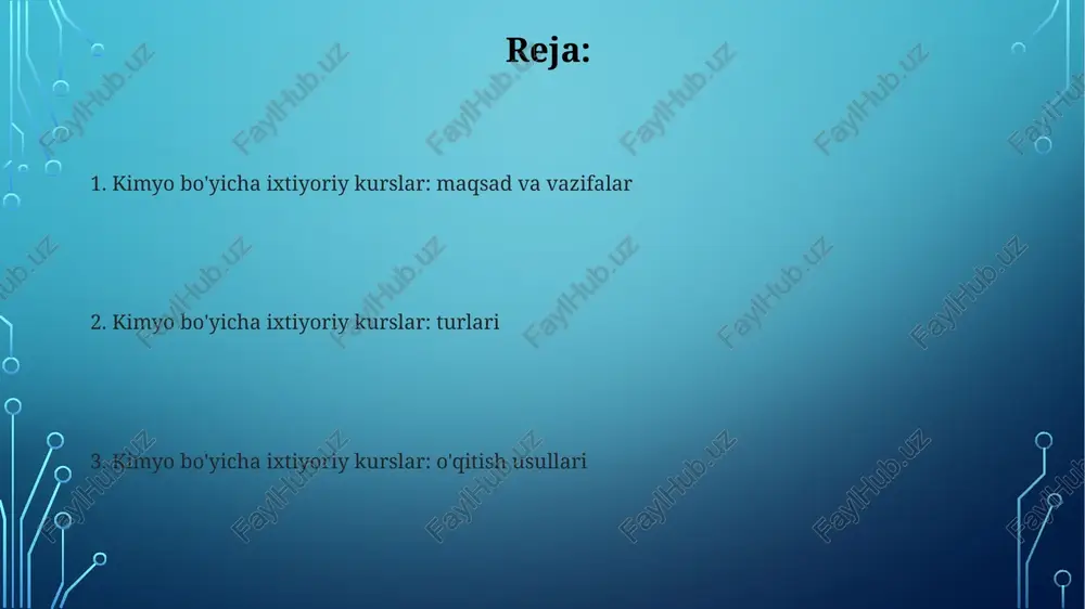 an, spektroskopiya yoki xromatografiya usullarini o'rganish orqali ilmiy-tadqiqot ishlariga tayyorlaydi. maqsadli auditoriya va ularning ehtiyojlari kimyo boʻyicha ixtisoslik kurslarining maqsadli auditoriyasi 15-25 yoshdagi, oliy ta’lim olishga intilayotgan, kimyo faniga qiziquvchan oʻquvchilar va talabalardir. ushbu auditoriyaning asosiy ehtiyojlari kimyo boʻyicha 3 asosiy yo‘nalishda (organik, anorganik, fizik kimyo) chuqur bilim olish, amaliy koʻnikmalarni egallash va ilmiy tadqiqotlarda ishtirok etishdan iborat. oʻquv dasturining tuzilishi va mazmuni o'quv dasturi tuzilishi fanlarning mantiqiy ketma-ketligini, har bir mavzu uchun ajratilgan soatlar sonini va baholash mezonlarini aniq belgilaydi. dastur mazmuni zamonaviy kimyo tendensiyalarini, amaliy ko'nikmalarni shakllantirishga yo'naltirilgan eksperimental ishlarni va nazariy bilimlarni qamrab oladi. baholash mezonlari va usullari baholash mezonlari o'quv dasturining maqsadlariga mos kelishi kerak, 100 ballik tizimda baholanadi va talabaning bilim darajasini aniq aks ettirishi zarur. baholash usullari og'zaki so'rov, yozma ish, test sinovlari va amaliy mashg'ulotlarni o'z ichiga oladi, har biri o'quv materialining turli jihatlarini qamrab oladi. interaktiv oʻqitish usullari interaktiv usullar 2 tomonlama …