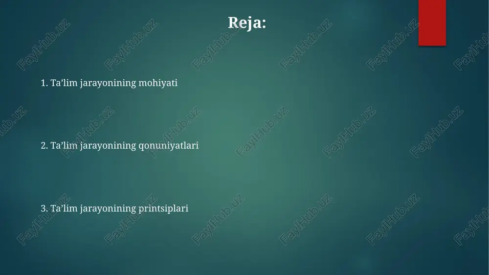 atvor qoidalarini o'zlashtirishini ta'minlaydi. taxminan 60-70% lik samaradorlikka erishish muhim. ta'lim jarayonining tuzilishi va tarkibiy qismlari ta'lim jarayonining tuzilishi 3 asosiy qismdan iborat: maqsad (o'quvchining rivojlanishi), mazmun (bilim, ko'nikma), va metodlar (o'qitish usullari) hamda baholash elementlari. ta'limning tarkibiy qismlari o'quvchilar, o'qituvchilar, o'quv rejalari, darsliklar, o'quv materiallari va 5 ta o'quv faoliyati (bilim, ko'nikma, malaka, faoliyat, munosabat) ni o'z ichiga oladi. ta'lim jarayonida 4 asosiy komponent mavjud: motivatsion-maqsadli (o'quv ehtiyojlari), mazmunli-operatsion (o'qitish shakllari), baholash-natijali (natijalarni aniqlash) va tuzatish-rivojlantiruvchi elementlari. ta'lim jarayonining qonuniyatlari ta'limda faollik qonuniyati, o'quvchining 60-80% ishtiroki bilan amalga oshiriladi, bu esa o'zlashtirish darajasini oshiradi va o'quv materialini tushunishga yordam beradi. ta'limning uzluksizligi qonuniyati shuni ko'rsatadiki, o'rganish 1-bosqichdan ikkinchisiga o'tishda davom etadi, bilimlar 100% o'zlashtirilguncha rivojlanish to'xtamaydi. ta'limdagi sistemalilik qonuniyati, bilimlar 25-30% tartibli va mantiqiy tarzda taqdim etilganda, o'quvchilarning tushunishini yaxshilaydi va ularni amaliyotga tatbiq etishga yordam beradi. ta'lim jarayonining tamoyillari o'qitishning individuallashuvi tamoyili har bir o'quvchining 3 xil (kognitiv, …
