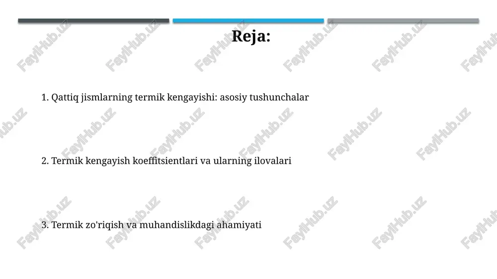 engayish koeffitsiyentiga bogʻliq, masalan, poʻlatning bu koʻrsatkichi 12 x 10^-6 /°c. hajmiy kengayishda qattiq jismning hajmi haroratning oshishi bilan ortadi. bu kengayish koeffitsiyenti chiziqli kengayish koeffitsiyentidan uch barobar kattaroq boʻladi, ya’ni, agar alyuminiyda chiziqli kengayish 24 x 10^-6 /°c boʻlsa, hajmiy kengayish taxminan 72 x 10^-6 /°c boʻladi. hajmli kengayish hajmli kengayish, haroratning oshishi bilan jismning barcha o'lchamlari, ya'ni uzunligi, eni va balandligining ortishi natijasida hajmning ortishini anglatadi. odatda, bu 3d ob'ektlar uchun muhim ahamiyatga ega. hajmli kengayish koeffitsienti (γ) moddaning har bir daraja selsiyga isishida hajmning qanchalik o'zgarishini ko'rsatadi. po'lat uchun bu koeffitsient taxminan 36 x 10^-6 /°c ni tashkil qiladi. issiqlikdan kengayish koeffitsientlari issiqlikdan kengayish koeffitsienti moddaning har bir gradus selsiyga (yoki kelvin) isitilganda o'lchamlarining qanchalik o'zgarishini ifodalaydi, odatda 10⁻⁶ darajasida. chiziqli kengayish koeffitsienti, α, qattiq jismning uzunligining har bir darajaga o'zgarishini ko'rsatadi va odatda metallar uchun 10⁻⁵ dan 10⁻⁷ gacha °c⁻¹ ni tashkil qiladi. turli materiallarning issiqlikdan …