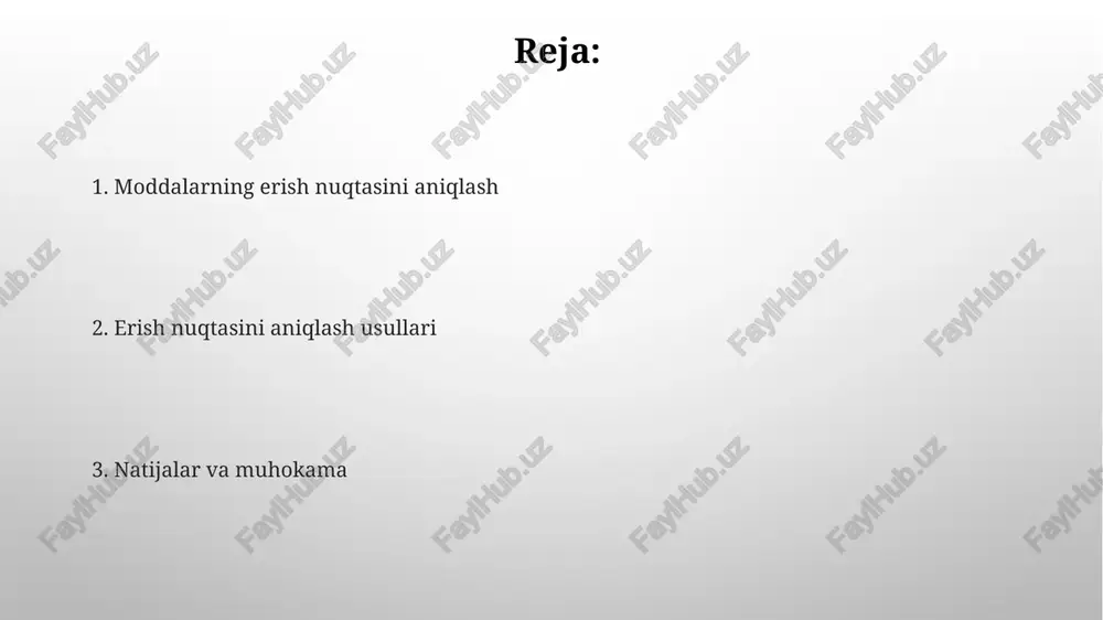 igi 50-100 mm bo'ladi. eruvchanlik nuqtasini aniqlashda kapillyar naycha suyuqlik vannasida (masalan, suyuq parafin) asta-sekin isitiladi, harorat sekundiga 1-2 °c tezlikda ko'tariladi. thiele trubkasi usuli thiele trubkasi usuli - suyuqlikni bir xilda isitish uchun mo'ljallangan oddiy laboratoriya apparati bo'lib, ko'pincha mineral moyi ishlatiladi, bu esa aniq erish nuqtasini aniqlashga yordam beradi. ushbu usulning asosiy afzalligi shundaki, konveksiya oqimlari orqali namunani bir xilda isitadi; bu issiqlikni teng taqsimlash uchun trubkaning shakli juda muhimdir. avtomatik eruvchanlik nuqtasi apparatlari avtomatik eruvchanlik nuqtasi apparatlari namunaning erishini aniqlash uchun optik sensorlardan foydalanadi va odatda 0.1 °c aniqlikda haroratni o'lchaydi. ushbu apparatlar ko'pincha erish jarayonini kuzatish uchun videokamera bilan jihozlangan bo'lib, foydalanuvchiga erish vaqtida tasvirlarni saqlash imkonini beradi. differentsial skanerlovchi kalorimetriya (dsc) differensial skanerlovchi kalorimetriya (dsc) issiqlik oqimini o'lchaydi, namunada va mos yozuvlar moddasida harorat oshirilganda yoki kamaytirilganda, fazali o'tishlarni aniqlash uchun muhim. dsc usuli izotermik sharoitlarda yoki haroratni lineer ravishda oshirish orqali materiallardagi endotermik (issiqlik …