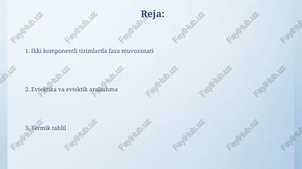 mmalari harorat, bosim va tarkib kabi o'zgaruvchilarga bog'liq holda muvozanatdagi fazalarni ko'rsatadi; masalan, ikki komponentli sistemada suyuqlik va qattiq fazalar chegarasini aniqlash. diagrammalarni qurish termik tahlil, rentgen diffraktsiyasi va mikroskopiya kabi usullar yordamida amalga oshiriladi; bu usullar har xil haroratdagi fazalarning tarkibi va strukturasi haqida ma'lumot beradi. sovutish egrilari va termik tahlil sovutish egrilari suyuqlikdan qattiq holatga o'tish haroratini aniqlash imkonini beradi; gorizontal qism (0 daraja erkinlik) evtektik haroratni ko'rsatadi, ikki komponent bir vaqtda qattiqlashadi. termik tahlil issiqlik oqimi o'zgarishini o'lchash orqali faza diagrammasini tuzishda yordam beradi. differential termik analiz (dta) va differential skanerlovchi kalorimetriya (dsc) keng qo'llaniladi. termik tahlil usullari termik tahlil usullari moddaning haroratini dasturlashtirilgan tarzda o'zgartirish orqali uning fizik xususiyatlarini o'rganishga asoslangan. bu usullar 10-6 grammgacha bo'lgan juda kichik namunalar bilan ishlash imkonini beradi. differensial termik analiz (dta) va differensial skanerlovchi kalorimetriya (dsc) kabi termik tahlil usullari moddaning issiqlik oqimini aniqlik bilan o'lchaydi, fazaviy o'tishlarni (erish, kristallanish) …