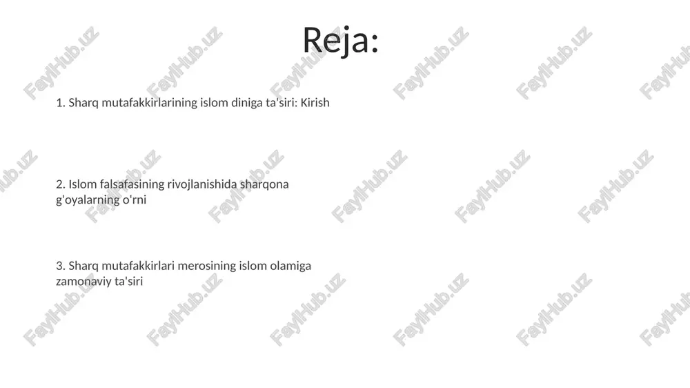 slomiy tafakkurning boyitilishi tasavvufiy adabiyot, xususan, jaloliddin rumiyning "masnaviyi ma'naviy" asari, islomiy tafakkurni 12 ming baytdan ortiq hikmatlar bilan boyitib, ma'naviy kamolotga yo'naltirdi. alisher navoiyning "xamsa" asari, 5 ta dostonni o'z ichiga olib, islomiy axloq va adolat tamoyillarini she'riy yo'l bilan targ'ib etib, tafakkurga chuqur ta'sir ko'rsatdi. sharq donishmandlarining axloqiy va ma'naviy ta'limotlari sharq donishmandlari, xususan, ibn sino tibbiyotda 760 ta dori vositasini ta'riflab, inson tanasining axloqiy pokligiga e'tibor qaratgan. al-farobiyning fikricha, ideal jamiyatga erishish uchun 35 fazilatga ega bo'lish, ma'naviy kamolotga intilish muhimligini ta'kidlagan. xulosa: islomning sharq ta'siri ostida kamol topishi tasavvuf ta'limoti, ayniqsa al-g'azzoliyning (1058-1111) asarlari orqali, buddizm va hinduizmning kontseptsiyalarini qabul qilib, musulmonlarning ma'naviy tajribasini boyitdi va o'zgartirdi. islom falsafasiga ibn sino (980-1037) kabi olimlar, sharqning tibbiyot, matematika va astronomiya sohalaridagi bilimlarni singdirib, uning intellektual rivojlanishiga sezilarli hissa qo'shgan. e'tiboringiz uchun rahmat image5.jpg image6.jpg image7.jpg image8.jpg image9.jpg image10.jpg image11.jpg image1.jpeg image2.jpeg