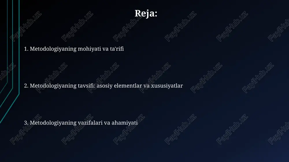 gan, 3 asosiy funksiyani bajaradi. ilmiy metodologiya ilmiy metodologiya tadqiqotning 3 asosiy bosqichini o'z ichiga oladi: muammoni aniqlash, farazlarni shakllantirish va empirik ma'lumotlar orqali ularni 100% tasdiqlash. u 4 asosiy elementga ega: kuzatuv, eksperiment, nazariya va tahlil, ularning har biri tadqiqotning 2 qismida ilmiy natijalarga erishish uchun ishlatiladi. tadqiqot metodologiyasi tadqiqot metodologiyasi tadqiqotning 5 asosiy bosqichini o'z ichiga oladi, ma'lumotlarni yig'ish usullari va tahlil jarayonlarini optimallashtirishga qaratilgan kompleks yondashuvdir. u 3 xil asosiy vazifani bajaradi: ilmiy bilimlarni ishlab chiqish, tadqiqot natijalarining ishonchliligini oshirish va 7 ta muhim metodologik yondashuvni aniqlash. metodologiyaning ahamiyati metodologiya 1) tadqiqot samaradorligini oshiradi, chunki u aniq yo'nalish va 2) maqsadli usullarni qo'llash orqali natijalarni optimallashtirishga yordam beradi. metodologiya 3) ilmiy tadqiqotlarda ob'ektivlikni ta'minlaydi, chunki u standartlashtirilgan usullarni qo'llash orqali shaxsiy fikrlarni kamaytiradi va 4) ishonchli xulosalarni chiqarishga imkon beradi. metodologik yondashuvlar metodologik yondashuvlar tadqiqotning 1-bosqichida, masalan, muammoni aniqlashda, tadqiqot savolini shakllantirishda yo'nalish beradi va 2-darajali gipotezalarni …