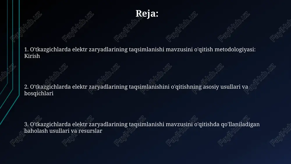ya'ni elektr toki o'tkazgichlar orqali o'tishi, izolyatorlar esa o'tkazmasligini tushunishlari darkor. o'qitish metodlari va strategiyalari elektrostatik induksiyani namoyish etish uchun elektrometr va zaryadlangan tayoqchadan foydalanish, qutblanish jarayonini 3 bosqichda tushuntirish, grafika orqali tushuntirish samarali bo'ladi. faradey qafasi modelini qurish va uning ichida radiopriyomnikning ishlashini ko'rsatish, ekranlash effektini 2 muhim misol bilan bog'lash, texnik xavfsizlikni unutmang. namoyishlar va tajribalar elektrostatik induksiya namoyishi: zaryadlangan tayoqchani neytral o'tkazgichga yaqinlashtirish orqali, uning uchlarida musbat va manfiy zaryadlarning ajralishini ko'rsatish, voltmetr bilan potensiallar farqini o'lchash. elektroskop yordamida zaryadlarni aniqlash tajribasi: metall sharga zaryadlangan jism tegizish orqali, barglarning og'ish burchagi zaryad miqdoriga proporsional ekanligini kuzatish (masalan, 5-10 daraja). interaktiv dars usullari “zanjir reaksiyasi” usuli, 8-sinfda, elektr zaryadlarining taqsimlanishini tushuntirishda qo‘llaniladi. har bir o‘quvchi o‘zining oldingi o‘quvchining javobiga asoslanib, yangi ma’lumot qo‘shadi va mavzuni chuqurroq o‘rganadi. “bumerang” usuli, elektr zaryadlari taqsimlanishi mavzusida 3-4 kishidan iborat guruhlarga bo'linib, har bir guruh o'z materialini boshqa guruhlarga o'rgatadi, bilim almashadi …