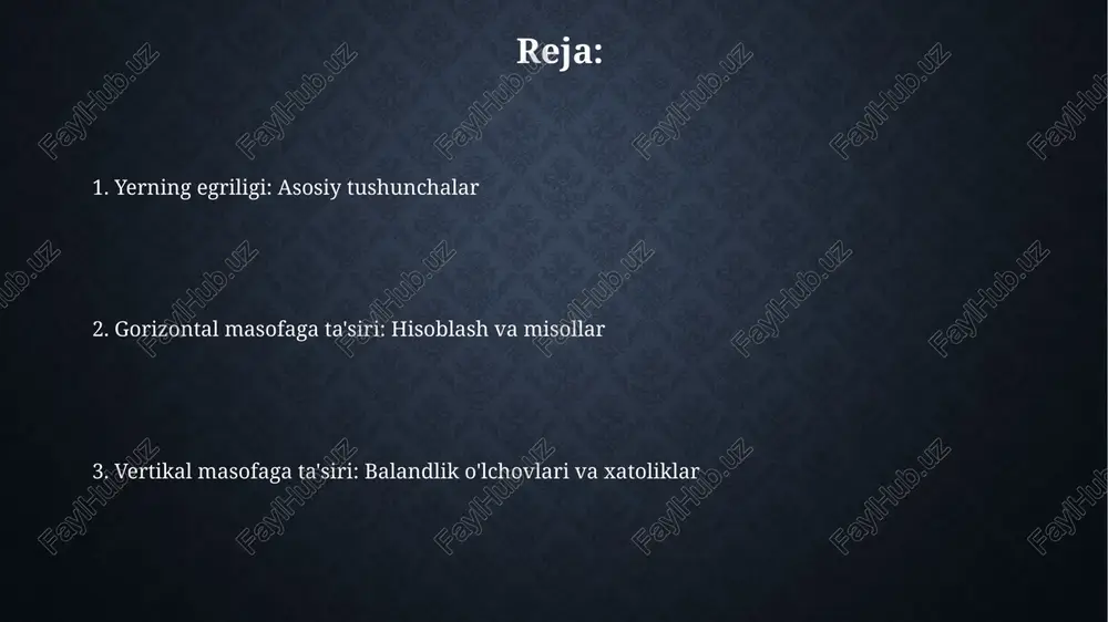a'sirini aniqlash uchun "sagitta" formulasi ishlatiladi, bu yerda balandlikni aniqlash uchun gorizontal masofa kvadrati 8r ga bo'linadi, r - yer radiusi (6371 km). geodeziyada egrilikni hisobga olish geodeziyada yerning egriligini hisobga olish, masofalarni aniq o'lchash uchun zarur, chunki tekislik taxminlari katta masofalarda xatoliklarni keltirib chiqarishi mumkin. geodeziyada egrilikni hisobga olish gauss-krüger proyeksiyasi va utm kabi proyeksiyalarda amalga oshiriladi, ular yer yuzasini tekislikka xatosiz o'tkazishga harakat qiladi. qurilish va muhandislikda qo'llanilishi yerning egriligi 10 km masofada taxminan 8 sm vertikal o'zgarishga olib keladi, bu katta qurilishda (masalan, ko'priklar) hisobga olinishi kerak bo'lgan muhim omildir. geodezik o'lchovlar gps va tls kabi texnologiyalar bilan amalga oshiriladi, ularda aniqlikni ta'minlash uchun yerning egriligi 100 km va undan ortiq masofalarda hisobga olinadi. masofani o'lchash asboblariga ta'siri yerning egriligi lazerli masofa o'lchagichlarining aniqligiga ta'sir qiladi, chunki nur to'g'ri chiziqda harakatlanadi, lekin yer egri bo'lib, uzoq masofalarda xatoliklarga olib keladi. gnss (global navigation satellite system) kabi qurilmalar …