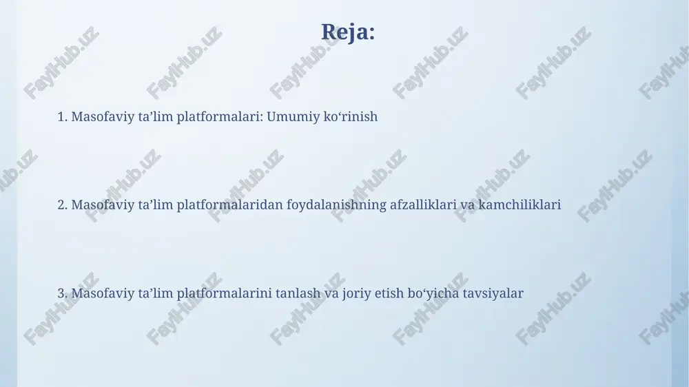 b qiladi. masofaviy ta'lim platformalari o'qituvchilarga o'zlarining pedagogik mahoratlarini oshirish uchun vebinarlar, onlayn kurslar va 24/7 texnik yordam kabi qo'shimcha resurslar taqdim etadi. afzallik va kamchiliklari afzallik: talabalar 24/7 darslarga kirish imkoniyatiga ega, bu esa ularning o'z vaqtini boshqarish va turli xil vaziyatlarga moslashish qobiliyatini oshiradi. kamchilik: ba'zi o'quvchilar uchun motivatsiya va intizomning yetishmasligi kuzatilishi mumkin, chunki an'anaviy ta'limdagi kabi bevosita nazorat mavjud emas. eng yaxshi amaliyotlar: muammolarni hal qilish muammolarni aniqlashda '5 whys' texnikasidan foydalaning, bu sababni topish uchun savollarni ketma-ket berish orqali asosiy muammoni ochib beradi. aqliy hujum usulini qo'llab, g'oyalarni baholamasdan, bir nechta yechim variantlarini yarating, so'ngra ularni 'prizm' (prioritize, rank, impact, zone, manage) orqali saralang. integratsiya va moslashuvchanlik integratsiyalashuv o'quv materiallari 3-tomon resurslari bilan, masalan, youtube videolarini biriktirish imkonini beradi, bu esa didaktik diversifikatsiya orqali ko'rish qobiliyatini oshiradi. moslashuvchanlik turli o'rganish uslublariga xizmat qiladi, jumladan, virtual o'quv materiallaridan foydalanish 24/7, bu esa talabalarga o'z vaqtida ta'lim …
