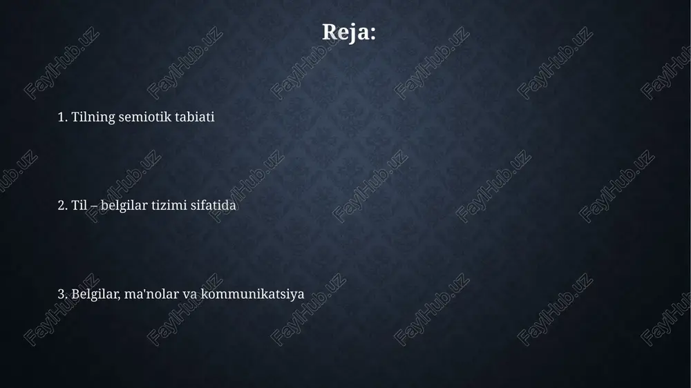 tonimiya) misollar bilan ko'rsatib beradi. til va madaniyat "til va madaniyat" 1992-yilda tashkil etilgan boʻlib, u tilshunoslik va madaniyatshunoslik oʻrtasidagi oʻzaro bogʻliqlikni chuqur oʻrganishga qaratilgan ilmiy jurnallardan biri hisoblanadi. ushbu sohada tadqiqot olib boruvchi olimlar uchun "til va madaniyat" tushunchasi milliy oʻzlikni saqlash, tilning madaniy kodini ochish va uni avlodlarga yetkazishda muhim ahamiyatga ega. xulosa: tilning semiotik ahamiyati til, peirce bo'yicha, ikonalar, indekslar va 3-sinf belgilaridan iborat bo'lib, ular madaniy kodlar orqali ma'nolarni yaratishda 1-darajali ahamiyatga ega. tilning semiotik roli, 2-darajali tushunchalarni ifodalash, metaforalar va 9-xil ma'nolarni shakllantirish orqali inson tafakkurini rivojlantirishga beqiyos hissa qo'shadi. e'tiboringiz uchun rahmat image3.jpg image4.jpg image5.jpg image6.jpg image7.jpg image8.jpg image9.jpg