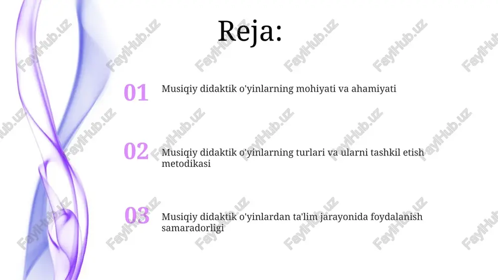 iborni va fikrlashni 3 yoshdan 7 yoshgacha bo'lgan davrda faollashtiradi, bu esa ularning maktabga tayyorgarligini yaxshilaydi. musiqiy didaktik o'yinlar bolalarda erta yoshdan boshlab 5 ta asosiy hissiyotni rivojlantiradi: eshitish, ko'rish, teginish, hid bilish va ta'm bilish, bu esa ularning dunyoni idrok etish qobiliyatini oshiradi. amaliy misollar: musiqiy didaktik o'yinlarni qo'llash tajribasi "ohangni top" o'yini 5-7 yoshli bolalarga notalarni ovoz balandligiga qarab aniqlashga yordam beradi, ularning musiqiy xotirasini va quloqni rivojlantiradi. "musiqiy asboblarni top" o'yini 8-10 yoshli o'quvchilarga orkestrning 4 asosiy guruhini (torli, puflama, zarbli, klavishli) farqlashni o'rgatadi. e'tiboringiz uchun rahmat image5.jpg image6.jpg image7.jpg image8.jpg image9.jpg image10.jpg image1.jpeg image2.jpeg image3.jpeg