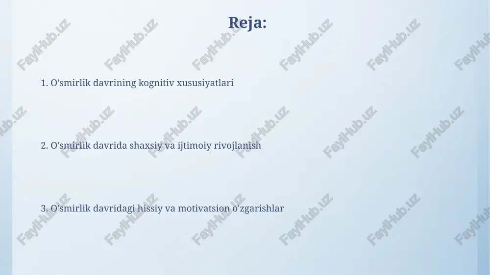 larni sinab ko'radi va o'zining individual xususiyatlarini anglashga intiladi, bu esa 'men kimman?' degan savolga javob izlashga olib keladi. o'zlikni qidirish davrida o'smirlar 3 ta asosiy sohada: kasb, qadriyatlar (diniy, axloqiy) va munosabatlarda (siyosiy) aniqlikka erishishga harakat qiladilar va o'ziga xos 'men' ni yaratadilar. ijtimoiy munosabatlar va tengdoshlar ta'siri o'smirlar ijtimoiy munosabatlari 12-14 yoshda shakllana boshlaydi, tengdoshlar guruhi xulq-atvor me'yorlarini o'rnatib, o'zaro qabul qilish va rad etish orqali shaxsiyatga ta'sir ko'rsatadi. tengdoshlar ta'siri o'smirlarda 15-17 yoshda eng yuqori cho'qqisiga chiqadi, bunda ijtimoiy bosim konformizmga olib keladi va o'ziga xoslikni shakllantirishda muhim rol o'ynaydi. oilaviy munosabatlar o'smirlar oilaviy munosabatlarida mustaqillikka intilishadi, bu esa 13-16 yosh oralig'ida ota-onalar bilan qarama-qarshiliklarni keltirib chiqarishi mumkin, sababi avtonomiya qidiruvi. oila a'zolarining o'zaro ta'siri o'smirlar psixologiyasiga katta ta'sir ko'rsatadi, xususan, 70% hollarda ularning o'ziga bo'lgan bahosi va ijtimoiy ko'nikmalarining rivojlanishiga. emotional beqarorlik va kayfiyat o'zgarishlari o'smirlar gormonal o'zgarishlar tufayli, hissiy beqarorlikni sezadilar: kayfiyat 10 daqiqada baxtdan …