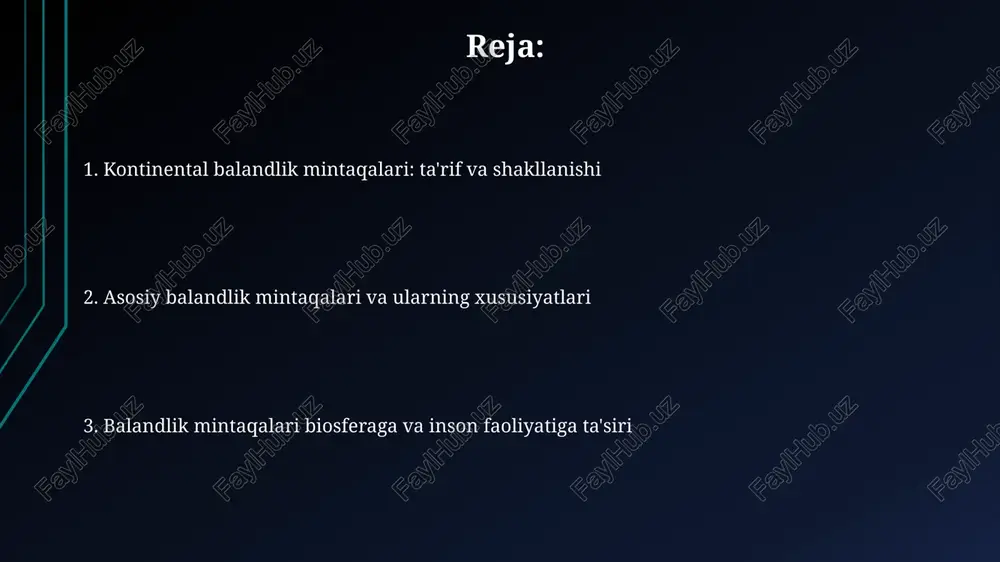 qoplami juda cheklangan, asosan moxlar va lishayniklardan iborat, 0 metrdan boshlab. arktika va antarktidada balandlik oshishi bilan muzliklar, qor maydonlari va toshloq yerlar ustunlik qiladi. qisqa vegetatsiya davri tufayli faqat 100-200 metr balandlikda o'simliklar uchraydi. balandlik mintaqalarining o'simlik va hayvonot dunyosiga ta'siri balandlik ortishi bilan haroratning pasayishi, odatda har 100 metrga 0.6°c ga, o'simliklarning vegetatsiya davrini qisqartiradi, bu esa o'simliklarning tur tarkibiga sezilarli ta'sir ko'rsatadi. hayvonot dunyosi balandlik mintaqalariga moslashgan, masalan, and tog'laridagi lamalar yuqori balandlikdagi kislorod tanqisligiga moslashgan bo'lib, ularning qonida gemoglobin miqdori yuqori bo'ladi. iqlim o'zgarishi va balandlik zonalligi iqlim o'zgarishi balandlik mintaqalari chegaralarini sezilarli darajada o'zgartiradi, natijada 0 gradus izotermasining yuqoriga siljishi va o'simliklarning tarqalishi o'zgaradi. global isish tog' muzliklarining erishini tezlashtiradi, bu esa daryo oqimining rejimini o'zgartiradi va suv resurslaridan foydalanishda jiddiy qiyinchiliklar tug'diradi, ayniqsa 1500 metrdan yuqori hududlarda. e'tiboringiz uchun rahmat image2.jpg image3.jpg image4.jpg image5.jpg image6.jpg image7.jpg image8.jpg