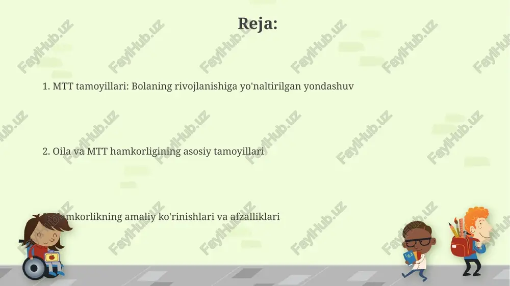 ta'sir ko'rsatadi, chunki ular o'rtasida kelishmovchiliklar bo'lmaydi. ochiqlik va muloqot ochiqlik, mtt va oila o'rtasidagi ma'lumot almashinuvida muhim ahamiyatga ega, masalan, bolaning 3-5 yoshdagi rivojlanish dinamikasi haqida muntazam xabarlar berish. muloqot, ikki tomonlama jarayon bo'lib, unda pedagoglar va ota-onalar ertalabki 7:30 dan kechki 18:00 gacha bolaning xatti-harakati bo'yicha fikr almashishlari zarur. ota-onalarning faol ishtiroki ota-onalarning faol ishtiroki, farzand rivojlanishining optimal darajasiga erishish uchun, ta'lim muassasasi bilan doimiy aloqada bo'lishni erta yoshdanoq ta'minlaydi. ota-onalar faoliyati, 3-5 yoshli bolalarda ijtimoiy-emotsional ko'nikmalarni shakllantirishda bevosita ishtirok etish, ularning o'zaro munosabatlarini yaxshilashga yordam beradi. bolaning manfaatlarini ustun qo'yish 'bolaning manfaatlarini ustun qo'yish' tamoyili har bir qarorda 100% bolaning farovonligini, huquqlarini va rivojlanish ehtiyojlarini birinchi o'ringa qo'yishni anglatadi. 'bolaning manfaatlarini ustun qo'yish' deganda, har bir bolaning individual xususiyatlari, jumladan, uning erta yoshdagi tajribasi va erta rivojlanish qobiliyatini inobatga olish tushuniladi. pedagoglarning professional mas'uliyati pedagogning professional mas'uliyati bolalarning har birining shaxsiy xususiyatlarini hisobga olgan holda ta'lim-tarbiya jarayonini …
