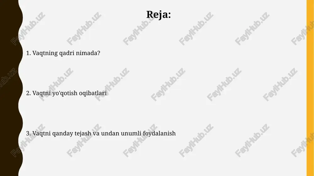 - zudlik bilan va muhim, 2 - muhim, lekin zudlik bilan emas, 3 - zudlik bilan, lekin muhim emas, 4 - muhim ham emas, zud ham emas. vazifalarni baholashda pareto printsipini qo'llang (80/20 qoidasi), ya'ni 20% harakatlar 80% natijaga olib keladi. demak, resurslarni o'sha 20% eng muhim vazifalarga yo'naltiring. rejalashtirishning ahamiyati rejalashtirish resurslarni 20 foizdan 30 foizgacha samaraliroq taqsimlashga yordam beradi, bu esa moliyaviy barqarorlikni mustahkamlaydi va xarajatlarni optimallashtiradi. strategik rejalashtirish maqsadlarga erishish ehtimolini 50 foizdan ko'proq oshiradi, bu esa muvaffaqiyatli natijalarni ta'minlaydi va vaqtni tejaydi. vaqtni tejash strategiyalari vaqtni tejash uchun "pomodoro" texnikasidan foydalaning, bunda 25 daqiqalik fokuslangan ishdan so'ng 5 daqiqalik tanaffus oling, bu esa samaradorlikni 20% ga oshirishi mumkin. prioritetlarni aniqlash uchun "eisenhower matrix" usulini qo'llang, bunda vazifalarni muhim/shoshilinchligiga qarab toifalarga ajratib, 80/20 qoidasiga amal qiling. chalg'ituvchi omillardan qochish ijtimoiy tarmoqlarga kuniga 30 daqiqadan ortiq vaqt sarflash, vazifalarni bajarish va diqqatni jamlashga salbiy ta'sir ko'rsatadi, bu esa …