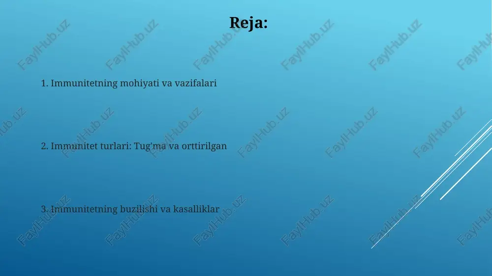 alarini ifodalaydigan o'z hujayralarini tan olish va ularni o'ldirmaslik qobiliyatiga ega. tug'ma immunitet mexanizmlari tug'ma immunitetdagi epiteliy to'siqlari birinchi himoya liniyasi bo'lib, teri va shilliq qavatlar patogenlarning kirishini 95-99% gacha to'sib, infektsiyani oldini oladi. fagotsitlar, masalan, neytrofillar va makrofaglar, tug'ma immunitetning asosiy hujayralari bo'lib, opsoninlar yordamida patogenlarni o'rab oladi va lizosomal fermentlar bilan 2-3 soat ichida yo'q qiladi. ortirilgan immunitet ortirilgan immunitet, antigen ta'siriga javoban rivojlanadi, masalan, vaksinatsiya orqali, antitelalar ishlab chiqarishni rag'batlantiradi va uzoq muddatli 90-95% himoyani ta'minlaydi. faol ortirilgan immunitetda, organizm o'zi antitelalar ishlab chiqaradi, bu esa kasallikka qarshi 75-85% bardoshlikni oshiradi, masalan, tabiiy infektsiya yoki emlashdan keyin. ortirilgan immunitetning turlari passiv orttirilgan immunitet, masalan, ona antitelalari orqali, qisqa muddatli himoya beradi, odatda bir necha haftadan bir necha oygacha davom etadi. faol orttirilgan immunitet, vaktsinatsiya natijasida, uzoqroq muddatli immunitet hosil qiladi, ba'zan bir necha yil yoki umrbod davom etadi, chunki xotira hujayralari shakllanadi. hujayraviy immunitet hujayraviy immunitet t-limfotsitlar …
