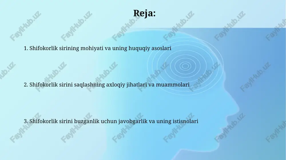 tilgan boʻlsa, shifokor huquqni muhofaza qilish organlariga xabar berishi shart. shifokorlik sirini buzganlik uchun javobgarlik o'zbekiston respublikasi jinoyat kodeksining 143-moddasiga ko'ra, shifokorlik sirini oshkor qilish, og'ir oqibatlarga olib kelishi mumkin bo'lsa, 3 yilgacha axloq tuzatish ishlari jazolanishi mumkin. ma'muriy javobgarlik to'g'risidagi kodeksning 46-moddasi buzilish holatlariga qarab, shifokorga eng kam ish haqining 5 barobarigacha jarima solishni nazarda tutadi. bemorning roziligi: shifokorlik sirini ochishning qonuniy asosi bemorning roziligi o'zbekiston qonunchiligida 103-modda bilan tartibga solinadi va shifokorlik sirini ochishga ruxsat beruvchi asosiy qonuniy hujjat hisoblanadi. faqatgina bemorning yozma roziligi tibbiy ma'lumotlarni uchinchi shaxslarga oshkor etish uchun qonuniy asos bo'lib xizmat qiladi, bunda qonuniy cheklovlar mavjud. voyaga yetmaganlar va shifokorlik siri voyaga yetmagan shaxslar uchun tibbiy sir ota-onalar yoki qonuniy vakillarning huquqlari bilan bog'liq. 16 yoshgacha boʻlgan bolalarning maʼlumotlari koʻpincha ularga beriladi. o'zbekiston qonunchiligida, voyaga yetmagan shaxsning roziligi ba'zi tibbiy muolajalar uchun yetarli emas; ota-onalarning roziligi 18 yoshgacha talab etiladi. ruhlantirilgan shaxslar va shifokorlik …