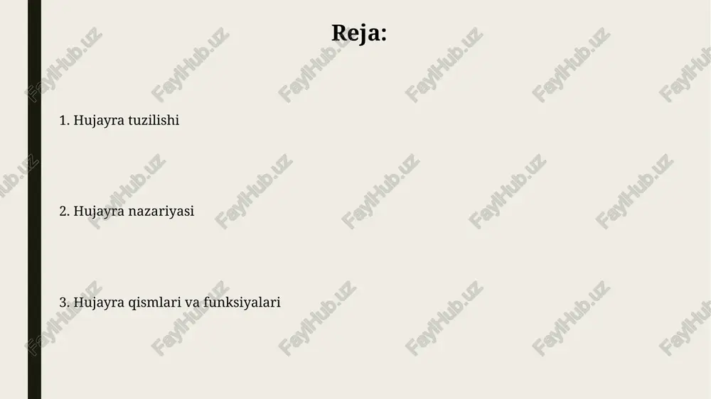 boradi va kanallar yoki tashuvchilar sifatida xizmat qiladi, ionlar (masalan, na+, k+) va boshqa molekulalarning hujayraga kirishi va chiqishini nazorat qiladi. sitoplazma va organellalar sitoplazma taxminan 70-90% suvdan, ionlar, kichik molekulalar va makromolekulalardan tashkil topgan gelga o'xshash moddadir, hujayra organellalari uchun muhit vazifasini o'taydi. ribosomalar sitoplazmada erkin suzuvchi yoki endoplazmatik to'rga biriktirilgan bo'lib, oqsillarni sintez qiladi va genetik koddagi ma'lumotlarni o'qiydi. yadro: genetik materialning markazi yadro genetik materialning markazi bo'lib, xromosomalarda dnk molekulalari saqlanadi. ular hujayraning irsiy ma'lumotlarini tashuvchi asosiy tuzilmadir. yadroning ichida, yadrocha (nucleus) ribosoma rnk (rrnk) sintezining asosiy joyidir. ribosomalar oqsillarni ishlab chiqarish uchun muhim bo'lgan organellalardir. ribosomalar: oqsil sintezi ribosomalar oqsil sintezining asosiy mexanizmlaridan biri boʻlib, ular mrnk molekulasidagi genetik kodni oʻqib, aminokislotalardan polipeptid zanjirlarini hosil qiladi. ribosomalarning tarkibida ikkita asosiy subunit mavjud: katta (50s yoki 60s) va kichik (30s yoki 40s). bu subunitlar oqsil sintezida muhim rol oʻynaydi. endoplazmatik toʻr: tuzilishi va vazifalari endoplazmatik toʻr (et) …