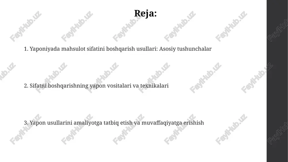 lashtirish jarayonini ta'minlaydi, sifatni yaxshilash va xarajatlarni kamaytirishga yo'naltirilgan. gemba: haqiqat joyiga boring gemba, 'haqiqat joyi', muammoni hal qilishning 1-qadami. 4m (mashinalar, metodlar, materiallar, mehnat) kuzatuvi orqali 5w1h (kim, nima, qachon, qayerda, nima uchun, qanday) savollariga javob topishdir. gemba tamoyili 'gemba ni boshqarish'ni o'z ichiga oladi, bu 3 gen (gemba, gembutsu, genjitsu) bilan uyg'unlashadi. bu 3 gen amaliyot, haqiqiy narsalarni ko'rish va faktlarni bilishni ta'minlaydi. gemba-da muammoni hal qilishda '5 whys' usuli qo'llaniladi: asl sababni aniqlash uchun 'nima uchun?' savolini kamida 5 marta takrorlash. bu qaror qabul qilishda aniqlikka erishishga yordam beradi. 5s metodologiyasi 5s tizimining 'seiso' (tozalash) bosqichi nafaqat ish joyini toza tutishni, balki uskunalar va jihozlardagi nosozliklarni aniqlash imkonini beradi, bu esa erta ta'mirlash imkoniyatini beradi. 5s metodologiyasining 'seiri' (saralash) bosqichi ortiqcha narsalarni olib tashlashni anglatadi, kerakli buyumlarni saqlab, qolganlarini yo'q qilish orqali ish joyini tartibga solishga yordam beradi. 5s metodologiyasida 'shitsuke' (intizom) bosqichi qoidalarga rioya qilishni va …