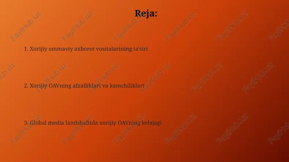 atga ta'sir ko'rsatadi. xorijiy oavning iqtisodiy roli investitsiyalarni jalb qilish, turizm rivojlanishiga hissa qo'shish va xalqaro savdoni rag'batlantirish orqali mamlakat iqtisodiyotiga ta'sir etadi. afzalliklari va kamchiliklari afzalliklari orasida xorijiy ommaviy axborot vositalari turli nuqtai nazarlarni taqdim etadi, bu mahalliy axborot vositalari tomonidan qamrab olinmagan 24/7 global voqealarni yoritish imkonini beradi. kamchiliklariga esa madaniy sezgirlikning yetishmasligi kiradi, bu esa noto'g'ri talqinlarga olib kelishi mumkin. bundan tashqari, mamlakat siyosiy barqarorligiga ta'sir etuvchi 100% siyosiy tarafkashlik mavjud. kelajak istiqbollari va tendentsiyalari raqamli transformatsiya global ommaviy axborot vositalari bozorida hukmronlik qiladi, ai va ml texnologiyalari kontentni yaratishni avtomatlashtiradi va 65% ga oshiradi, shaxsiylashtirish 80% ga o'sishi kutilmoqda. kelajakda sun'iy intellekt (ai) algoritmlari ommaviy axborot vositalari kontentini tahlil qilish va tarqatishda asosiy rol o'ynaydi, buning natijasida auditoriya ishtiroki 50% ga ko'payadi va xarajatlar 30% ga kamayadi. e'tiboringiz uchun rahmat image2.png image5.jpg image6.jpg image7.jpg image8.jpg image9.jpg image10.jpg image11.jpg image3.png