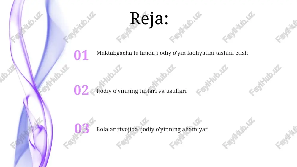 ing ijodiy faoliyatini 6 yoshgacha kuzatib, ularning qiziqishlari va rivojlanish darajasini hisobga olgan holda 3-5 ta individual vazifalarni rejalashtiradi. ijodiy o'yinni rejalashtirish va tashkil etish usullari ijodiy o'yinlar 3-5 yoshli bolalarda tasavvurni rivojlantirishga qaratilgan bo'lib, turli materiallar bilan erkin tajriba o'tkazish imkoniyatini beradi. rejalashtirishda bolalar qiziqishlari va rivojlanish darajasini hisobga olish muhim. masalan, 4 yoshli bolalar uchun oddiy sahnalashtirish o'yinlarini tashkil etish mumkin. ijodiy o'yinlarda bolalarning yosh xususiyatlarini hisobga olish 3-4 yoshdagi bolalar uchun ijodiy o'yinlarda sodda syujetlar, masalan, hayvonlarga g'amxo'rlik qilish yoki uy-uy o'ynash muhim, bunda harakatlar qisqa va takroriylikka asoslanadi. 5-6 yoshdagi bolalar rolli o'yinlarda murakkab syujetlarni yaratishga qodir. ular bir necha belgilarni bog'lash, munosabatlarni o'rnatish va turli xil vaziyatlarni o'ynashadi. ijodiy o'yin jarayonida xavfsizlikni ta'minlash o'yin davomida 1:5 nisbatda pedagoglar nazorati zarur, chunki 2-5 yoshdagi bolalar faol bo'lishadi va tasodifiy jarohatlar olish ehtimoli yuqori bo'ladi. bolalarning 100% xavfsizligi uchun, ijodiy o'yin maydonida barcha o'tkir qirralar, burchaklar va …