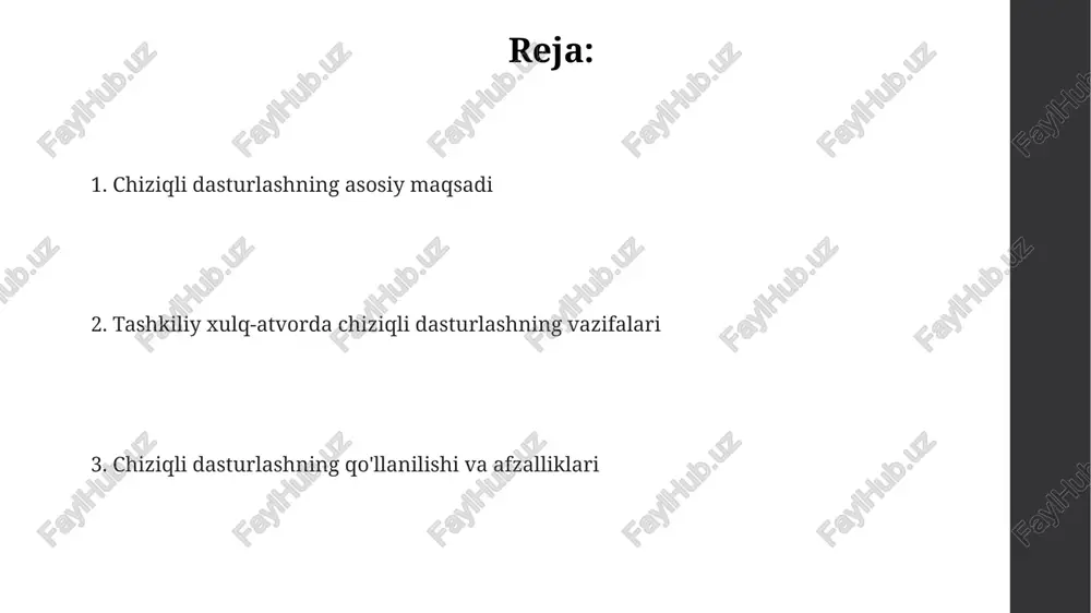 dan ortiq mahsulotni ishlab chiqarish xarajatlarini kamaytirish va foydani oshirish uchun modellashtirish mumkin. chiziqli dasturlashning asosiy vazifalari chiziqli dasturlashning asosiy vazifasi resurslarni optimal taqsimlashdir, bunda 10 dan ortiq cheklovlar va o'zgaruvchilar bo'lishi mumkin, xarajatlarni minimallashtirish yoki foydani maksimal darajaga ko'tarish maqsadida. ushbu usul 20-asrda ishlab chiqilgan bo'lib, tashkilot resurslarini, masalan, 15 ishchi yoki 5 ta uskunani, aniq maqsadlarga erishish uchun eng yaxshi usulda taqsimlashga yordam beradi. chiziqli dasturlash xom ashyo, ishchi kuchi va vaqt kabi resurslardan samarali foydalanishni rejalashtirish, 3 turdagi mahsulot ishlab chiqarishda maksimal foydani hisoblash kabi vazifalarni hal qiladi. chiziqli dasturlashning asosiy elementlari: o'zgaruvchilar, cheklovlar, maqsad funktsiyasi cheklovlar resurslar cheklanganligini ifodalaydi. masalan, 2x_1 + 3x_2 <= 60 formula x_1 va x_2 qiymatlarini 60 birlik resurs bilan chegaralaydi. o'zgaruvchilar linear dasturlashda qaror qabul qilish imkonini beradi, masalan, x_1 va x_2 kabi, ularning qiymatlari maqsadni optimallashtiradi va 100 dan ortiq bo'lmasligi mumkin. maqsad funktsiyasi optimallashtirilishi kerak bo'lgan ko'rsatkichni aniqlaydi, masalan, …