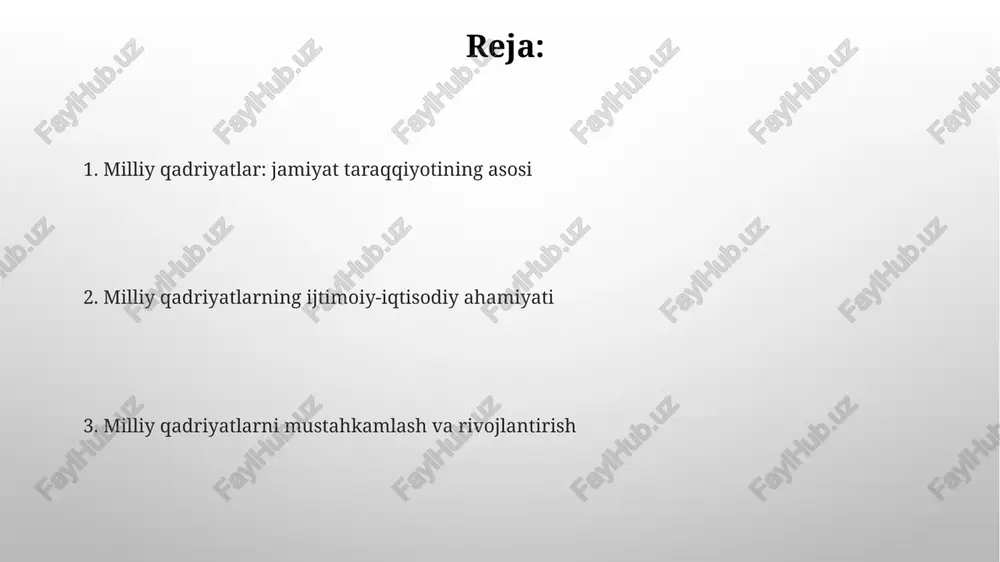 him rol o'ynadi. o'zlikni anglash orqali har bir fuqaro o'zining 2000 yillik tarixga ega ekanligini his qilib, kelajak avlodlarga boy merosni yetkazish mas'uliyatini sezadi. milliy qadriyatlar va ma'naviy yuksalish milliy qadriyatlar, masalan, 1991-yilda mustaqillikning e'lon qilinishi, jamiyatning o'ziga xosligini saqlash va uni rivojlantirishda muhim ahamiyatga ega. ma'naviy yuksalish, jumladan, ta'lim darajasini oshirish, fuqarolarning 80% savodxonligini ta'minlash orqali jamiyatning intellektual salohiyatini oshiradi. ta'lim va tarbiyada milliy qadriyatlar milliy qadriyatlar ta'lim va tarbiyada 1990-yillardan so'ng alohida ahamiyat kasb etdi, bunda milliy o'zlikni anglash va tarixiy merosni o'rganish ustuvor vazifa bo'ldi. «ma'naviyat asoslari» kabi fanlar orqali ta'limda milliy qadriyatlar singdiriladi, bu yosh avlodni milliy ruhda tarbiyalashga va 3 ta asosiy tamoyilni o'rgatishga yo'naltirilgan. milliy qadriyatlarning iqtisodiy rivojlanishga ta'siri milliy qadriyatlar, xususan, mehnatsevarlik va tadbirkorlik, unumdorlikni oshiradi va 15% gacha yalpi ichki mahsulot (yaim) o'sishiga hissa qo'shishi mumkin. an'anaviy hunarmandchilikni qo'llab-quvvatlash orqali turizm rivojlanadi, bu esa mahalliy korxonalarni 25% gacha kengaytiradi va ish o'rinlarini …