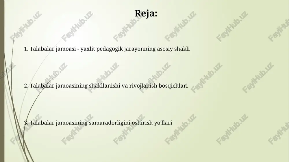 xatti-harakatlarini har tomonlama aniqlaydi. ikkinchidan, rolli o'yinlar va simulyatsiyalar jamoa a'zolariga o'zlarining shaxsiy fazilatlarini 2 xil vaziyatlarda namoyish etish va o'rganish imkonini beradi. talabalar jamoasini boshqarish tamoyillari talabalar jamoasini boshqarishda shaxsga yo'naltirilgan yondashuv, har bir talabaning o'ziga xos xususiyatlarini inobatga olgan holda, 70% muvaffaqiyatga erishish imkoniyatini oshiradi. demokratlashtirish tamoyili, talabalarning 30% dan ortig'ining jamoa hayotida faol ishtirokini ta'minlaydi, qaror qabul qilishda ularning fikrlari hisobga olinadi. talabalar jamoasining samaradorligini baholash talabalar jamoasining samaradorligini baholashda "360 daraja" usuli qo'llanilishi mumkin, bu har bir a'zoning faoliyatini turli nuqtai nazardan, shu jumladan o'z-o'zini baholashni o'z ichiga oladi. jamoaning samaradorligini baholashda kpi (asosiy ko'rsatkichlar) tizimidan foydalanish maqsadga muvofiq. misol uchun, loyihani 90 kun ichida muvaffaqiyatli yakunlash yoki belgilangan maqsadga erishish. e'tiboringiz uchun rahmat image2.jpg image3.jpg image4.jpg image5.jpg image6.jpg image7.jpg image8.jpg